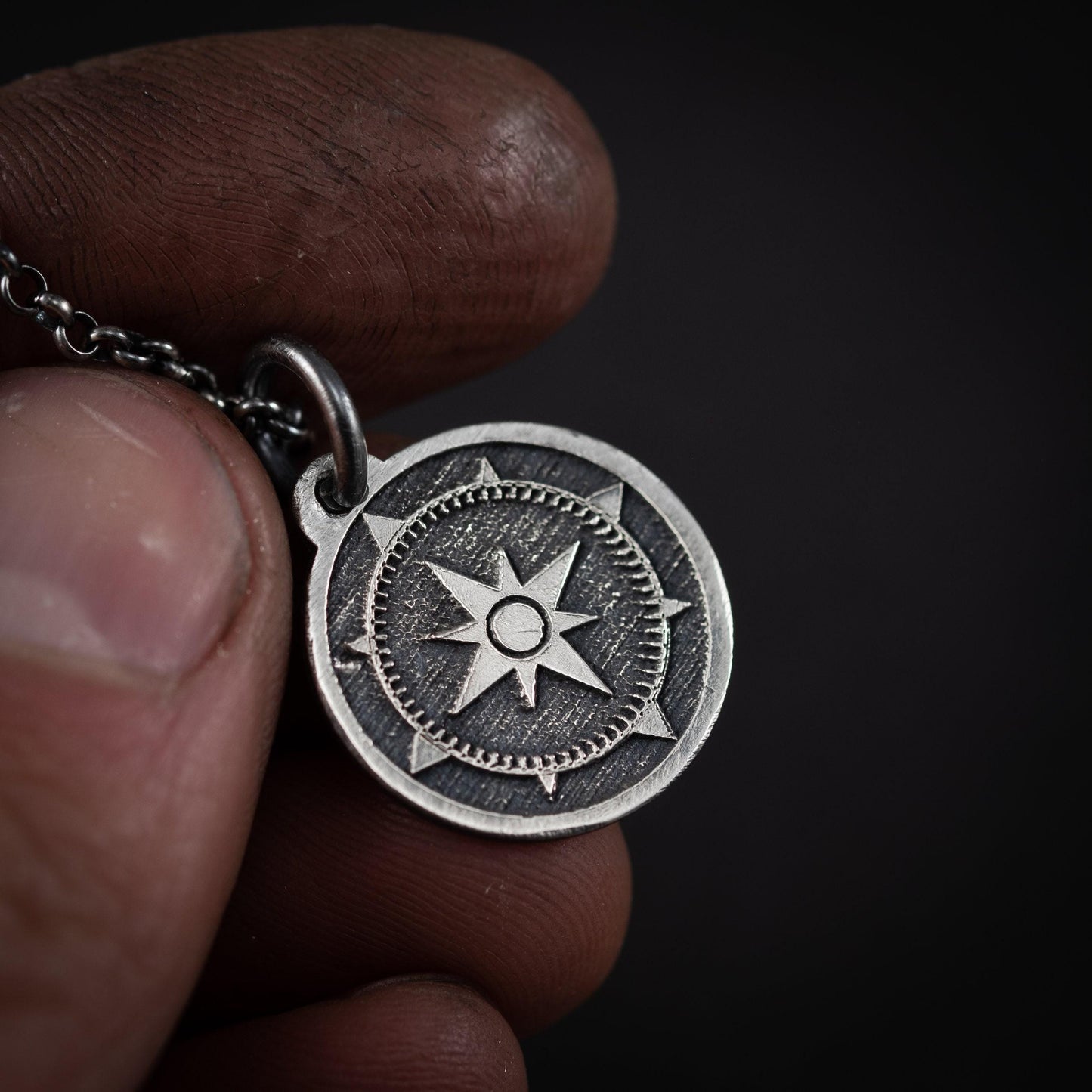 Compass Silver men's pendant necklace, Engraved Personalized Silver handmade jewelry, Unique ravel gift, anniversary gift