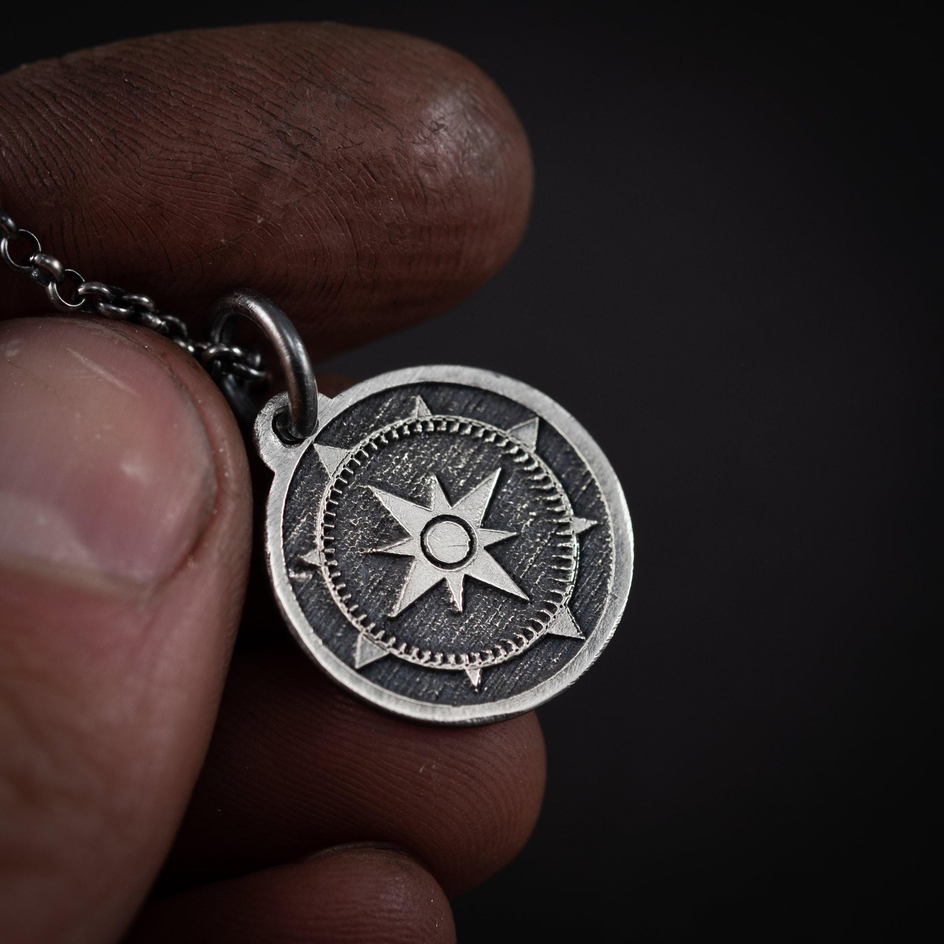 Compass Silver men's pendant necklace, Engraved Personalized Silver handmade jewelry, Unique ravel gift, anniversary gift