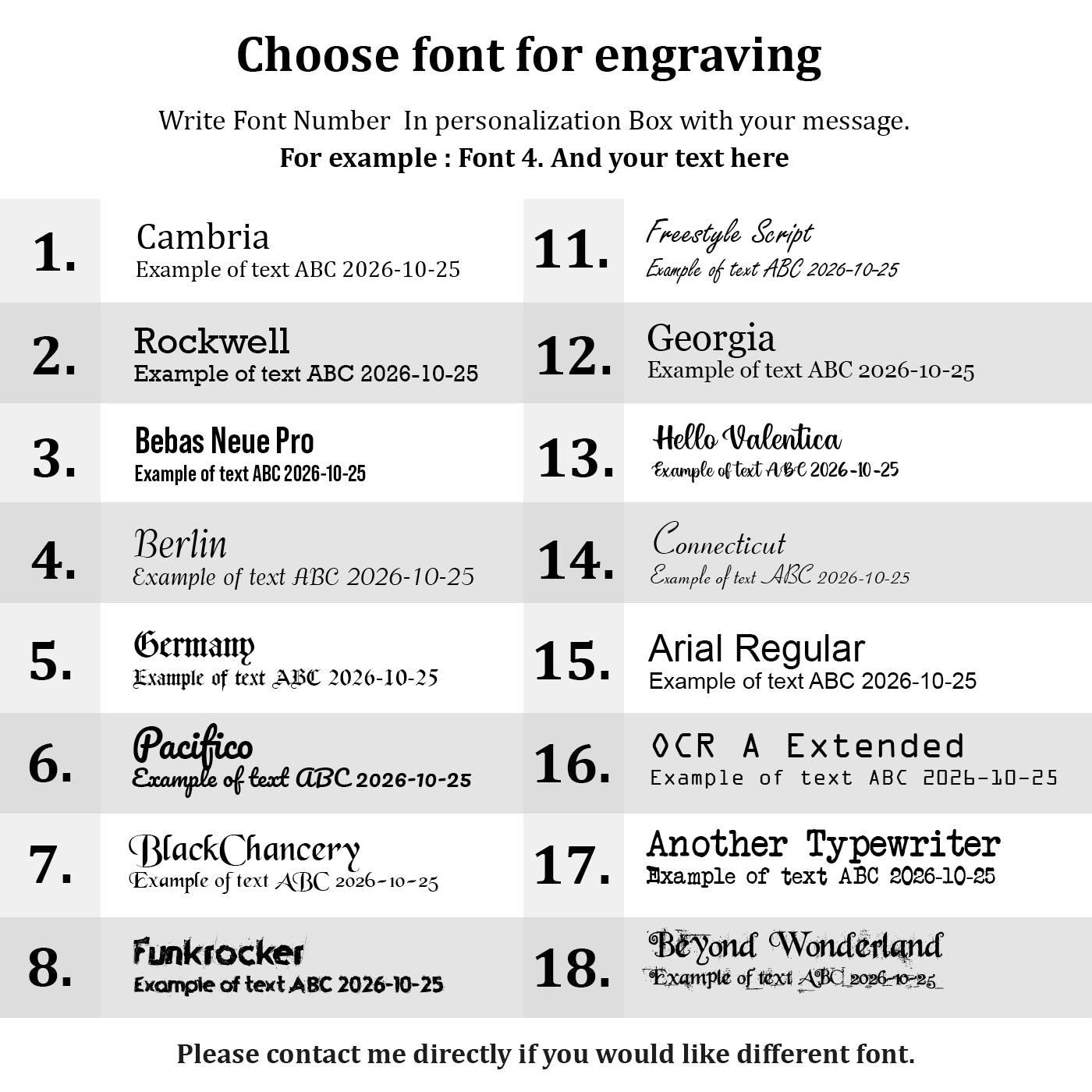 a list of font names and examples for engraving, along with instructions for choosing a font for a personalized message.