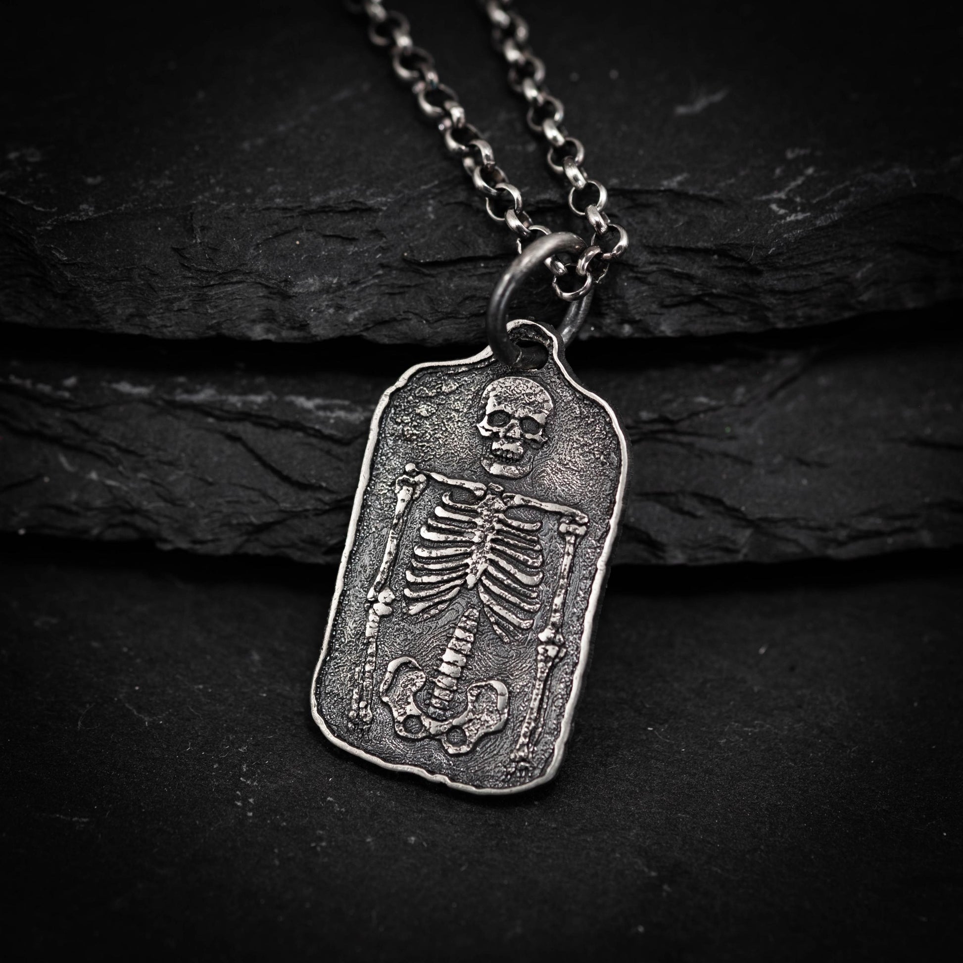 Silver Skeleton mens Pendant Necklace, Memento Mori Silver Anatomical Bone Jewelry, Gothic Skull and Bones Necklace, Unique Gift for Men