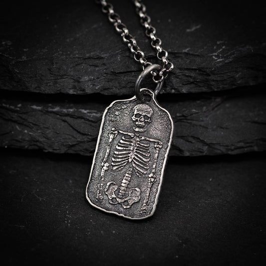 Silver Skeleton mens Pendant Necklace, Memento Mori Silver Anatomical Bone Jewelry, Gothic Skull and Bones Necklace, Unique Gift for Men