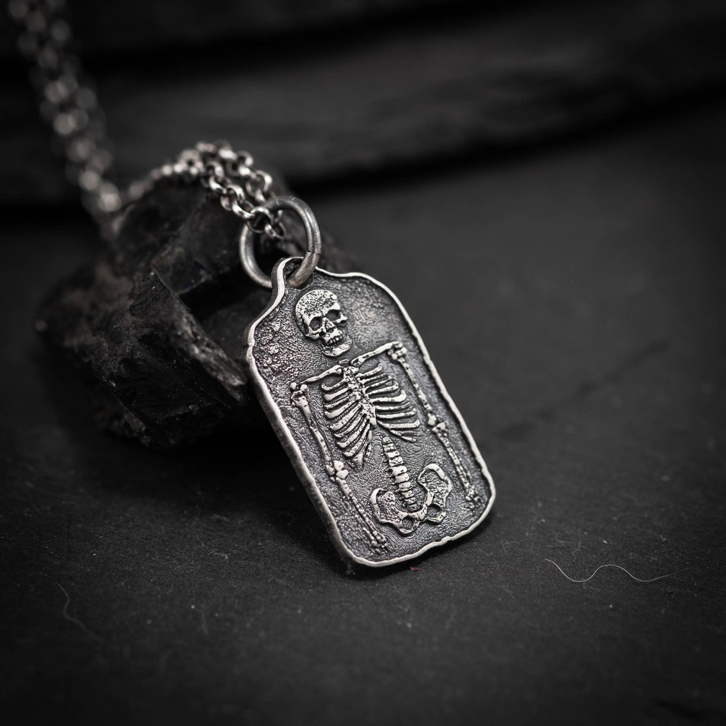 Silver Skeleton mens Pendant Necklace, Memento Mori Silver Anatomical Bone Jewelry, Gothic Skull and Bones Necklace, Unique Gift for Men