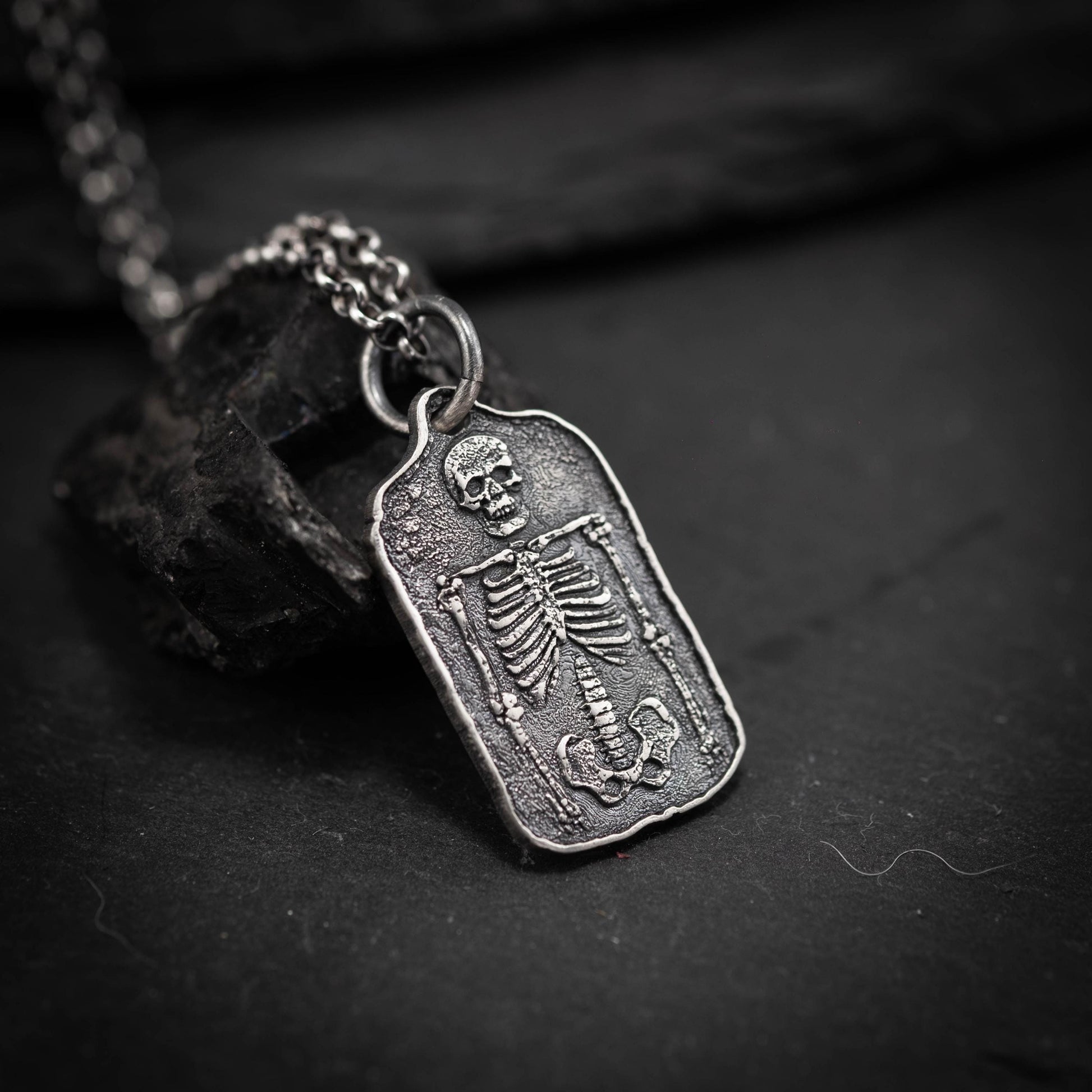 Silver Skeleton mens Pendant Necklace, Memento Mori Silver Anatomical Bone Jewelry, Gothic Skull and Bones Necklace, Unique Gift for Men