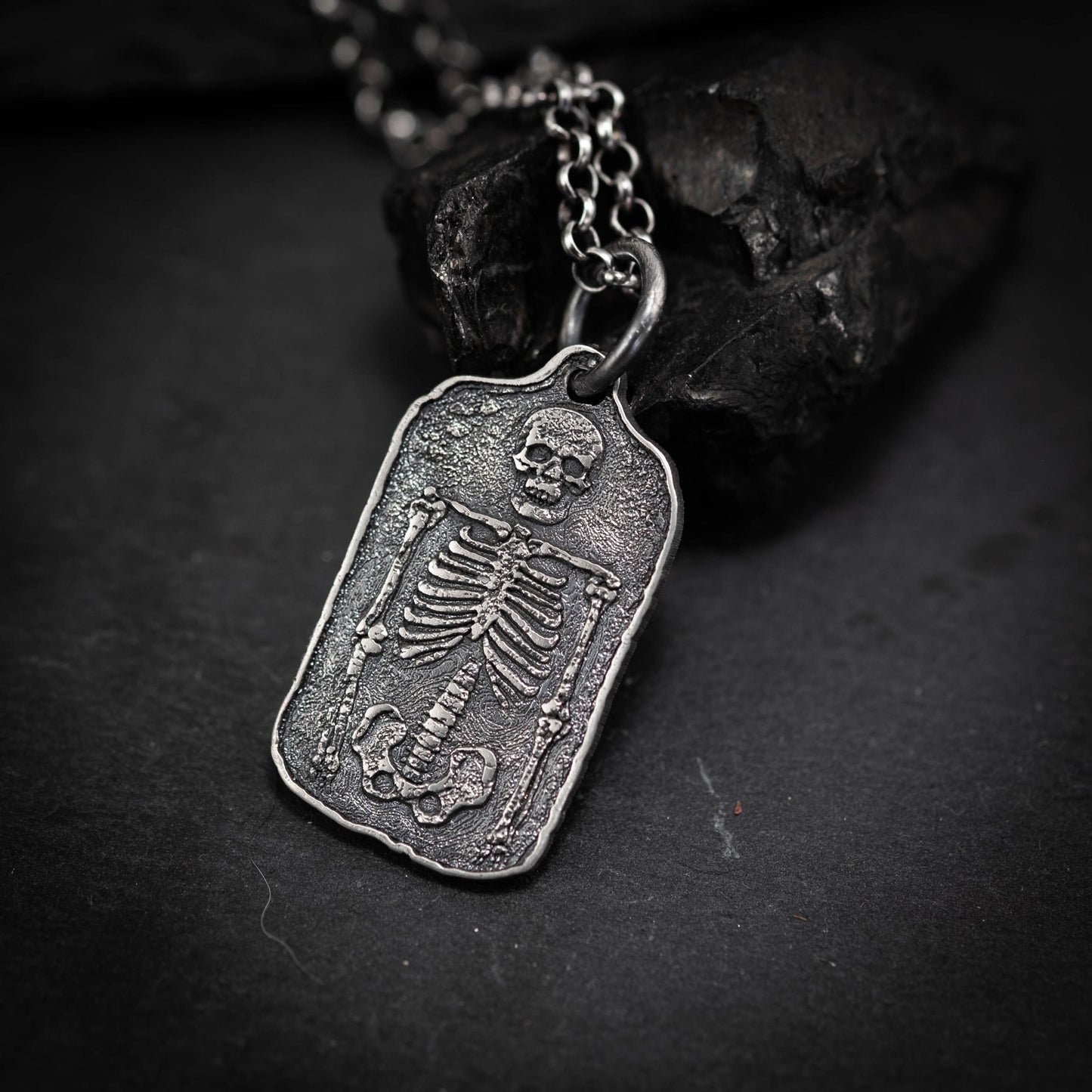 Silver Skeleton mens Pendant Necklace, Memento Mori Silver Anatomical Bone Jewelry, Gothic Skull and Bones Necklace, Unique Gift for Men
