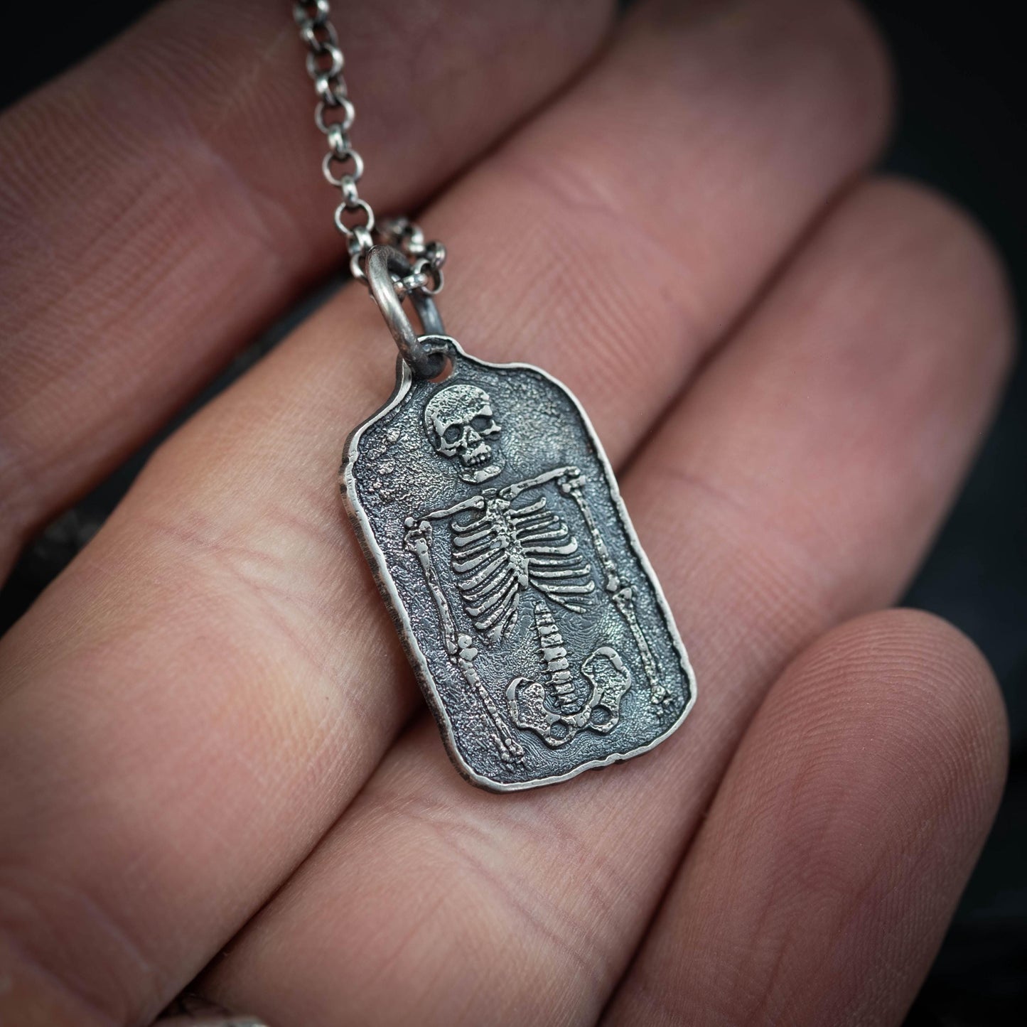 Silver Skeleton mens Pendant Necklace, Memento Mori Silver Anatomical Bone Jewelry, Gothic Skull and Bones Necklace, Unique Gift for Men