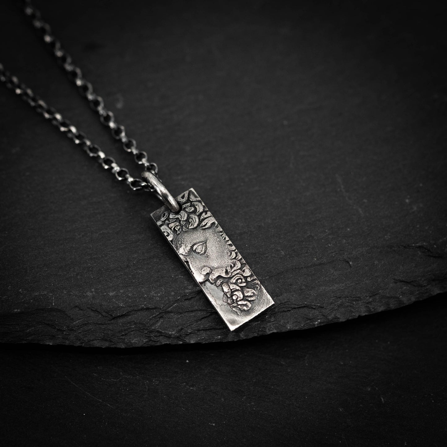 Silver Marcus Aurelius Bar Necklace – Roman Emperor Pendant, Rustic Oxidized Men’s Jewelry, Meditation gift