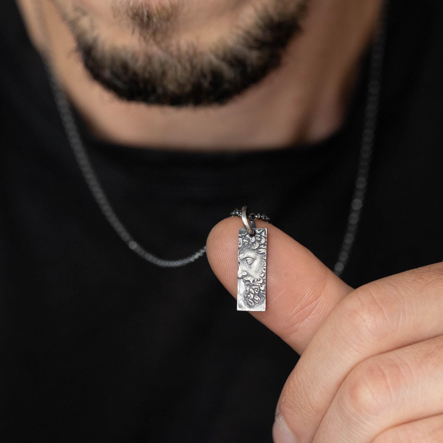 Silver Marcus Aurelius Bar Necklace – Roman Emperor Pendant, Rustic Oxidized Men’s Jewelry, Meditation gift