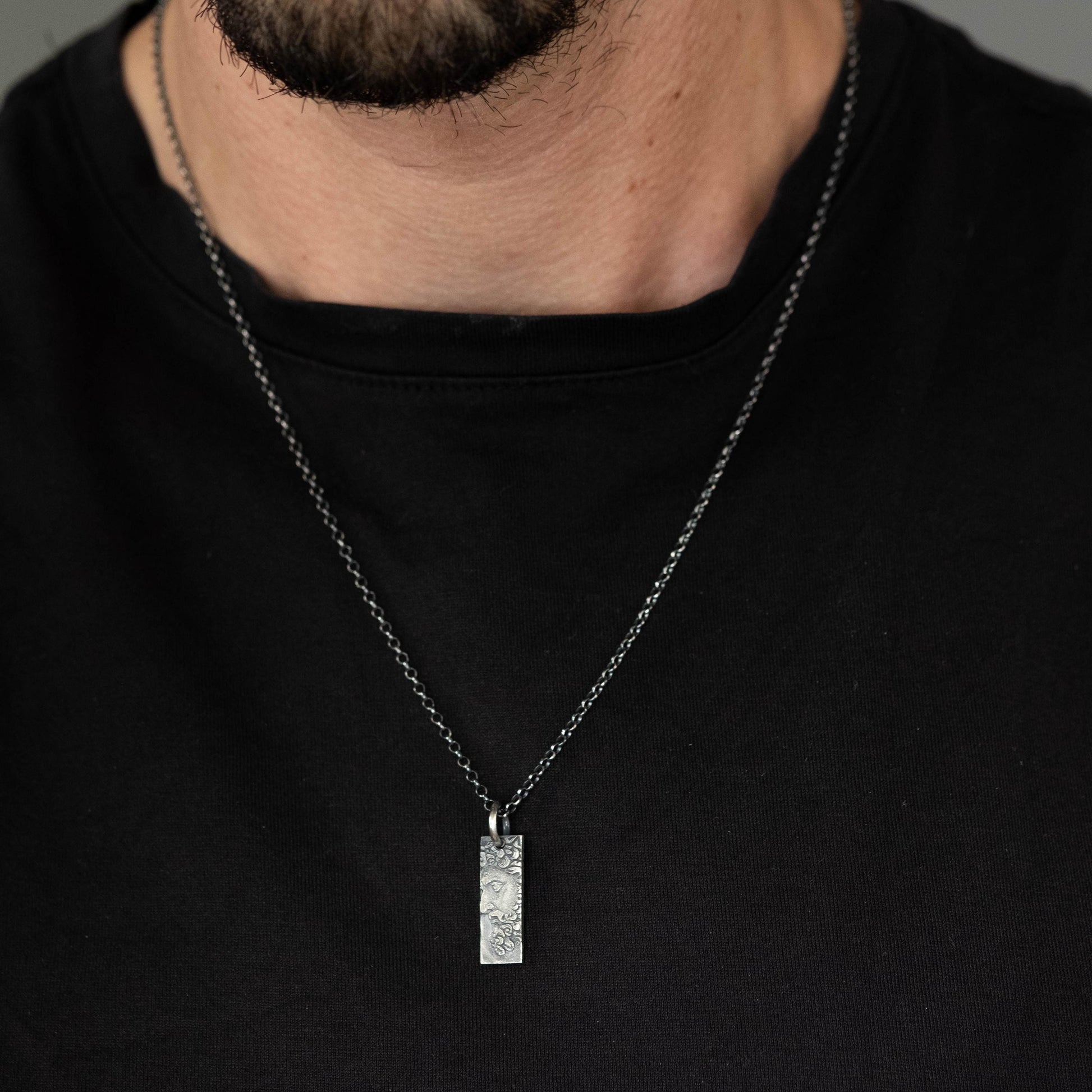 Silver Marcus Aurelius Bar Necklace – Roman Emperor Pendant, Rustic Oxidized Men’s Jewelry, Meditation gift