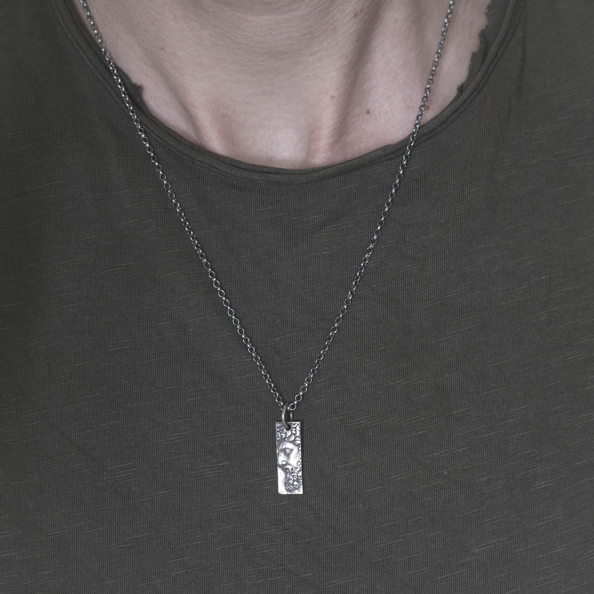 Silver Marcus Aurelius Bar Necklace – Roman Emperor Pendant, Rustic Oxidized Men’s Jewelry, Meditation gift