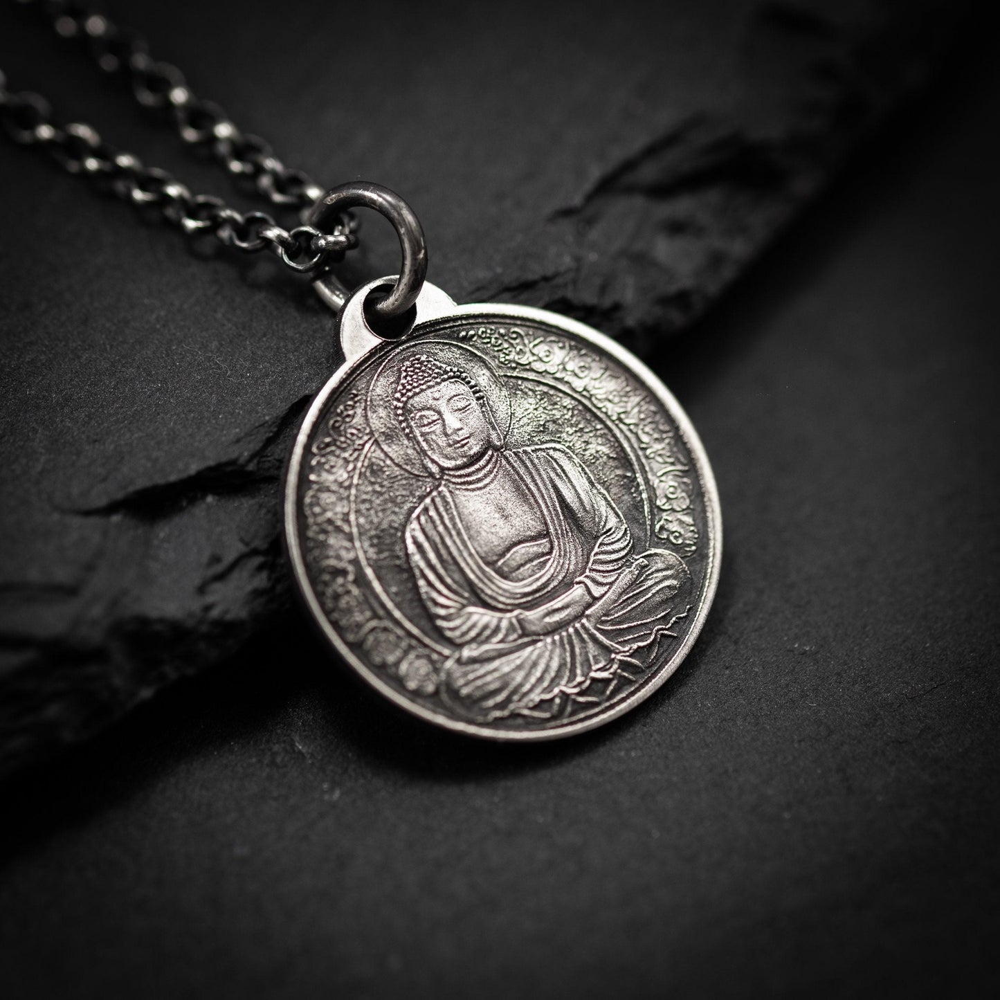 Silver Buddha coin pendant necklace, Buddhist yoga handmade spiritual jewelry, Mindfulness gift for him, mens necklace, Anxiety relief