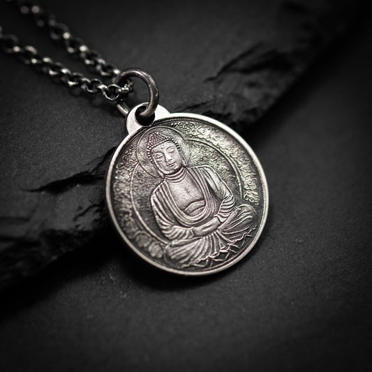 Silver Buddha coin pendant necklace, Buddhist yoga handmade spiritual jewelry, Mindfulness gift for him, mens necklace, Anxiety relief