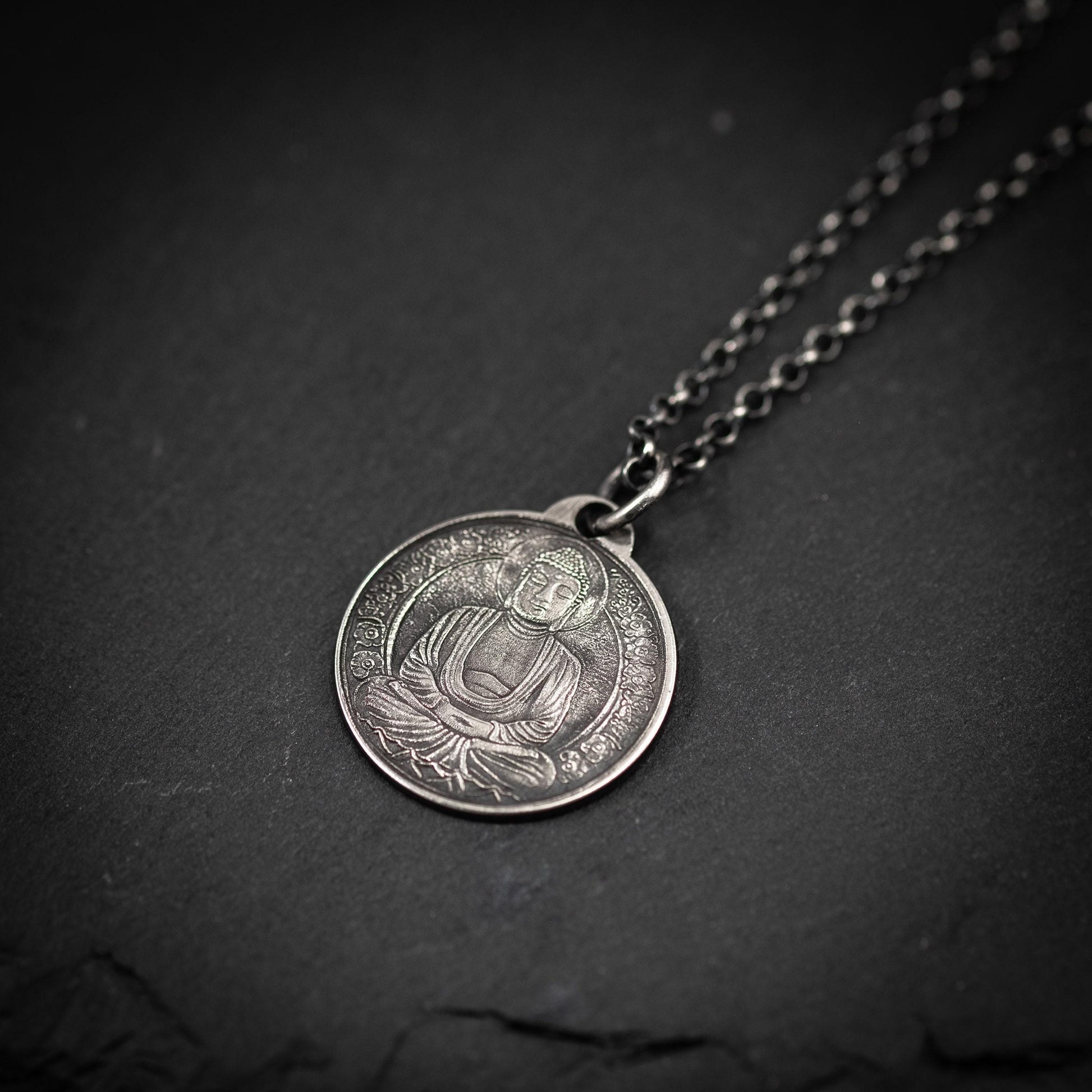 Silver Buddha coin pendant necklace, Buddhist yoga handmade spiritual jewelry, Mindfulness gift for him, mens necklace, Anxiety relief