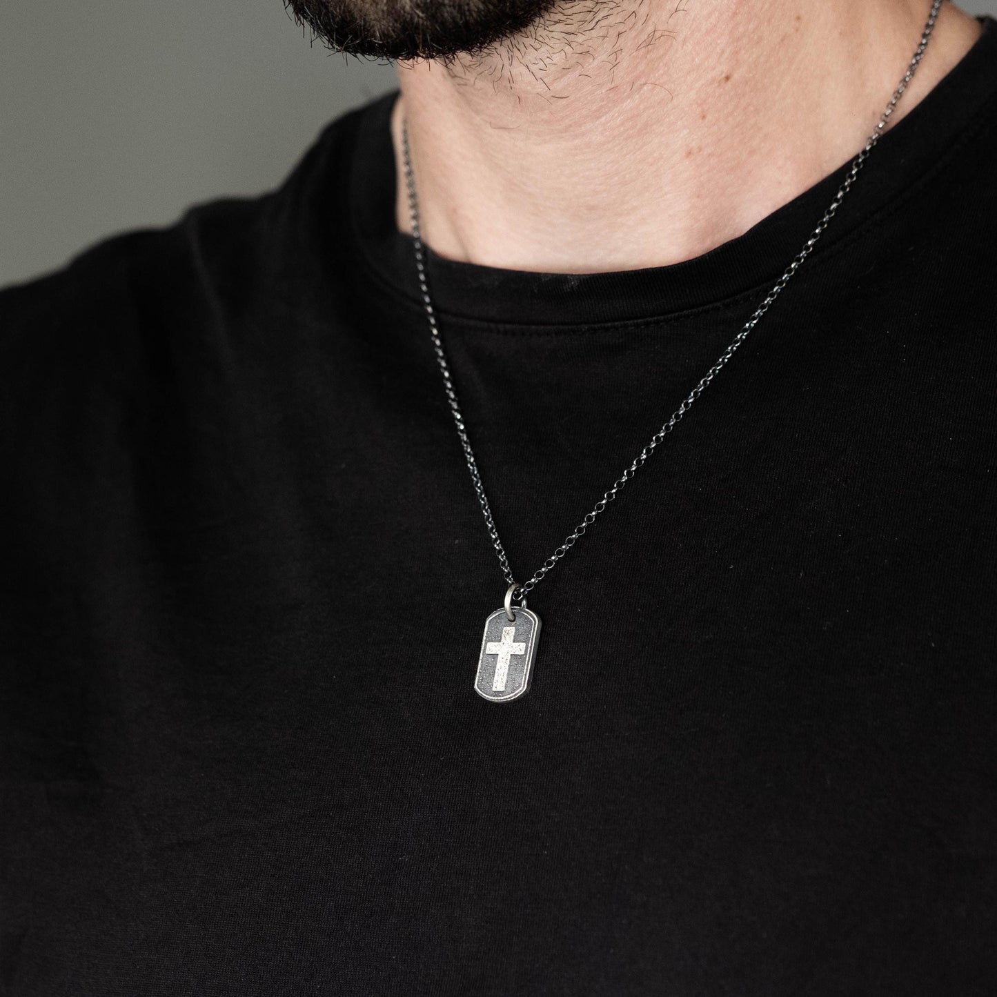 Sterling Silver Cross Dog Tag Necklace – Rustic Oxidized Christian Pendant for Men, Christmas gifts