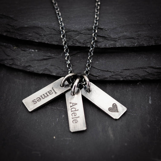 Personalized Multiple 925 Silver Name Tag Necklace, Custom Family Oxidized jewelry, Gift for husband or Dad