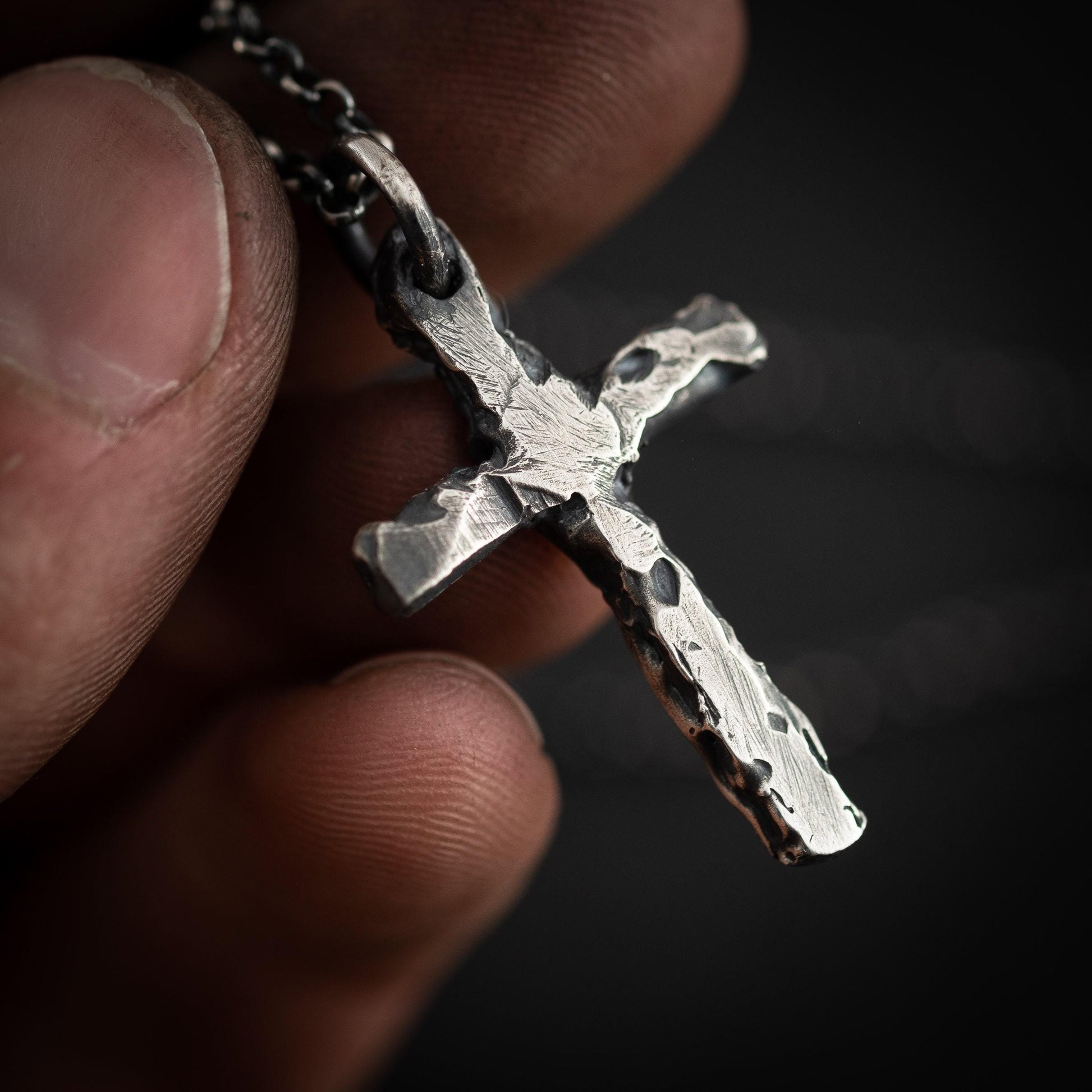 Sterling Silver Cross Necklace - Rustic Oxidized Finish for Men