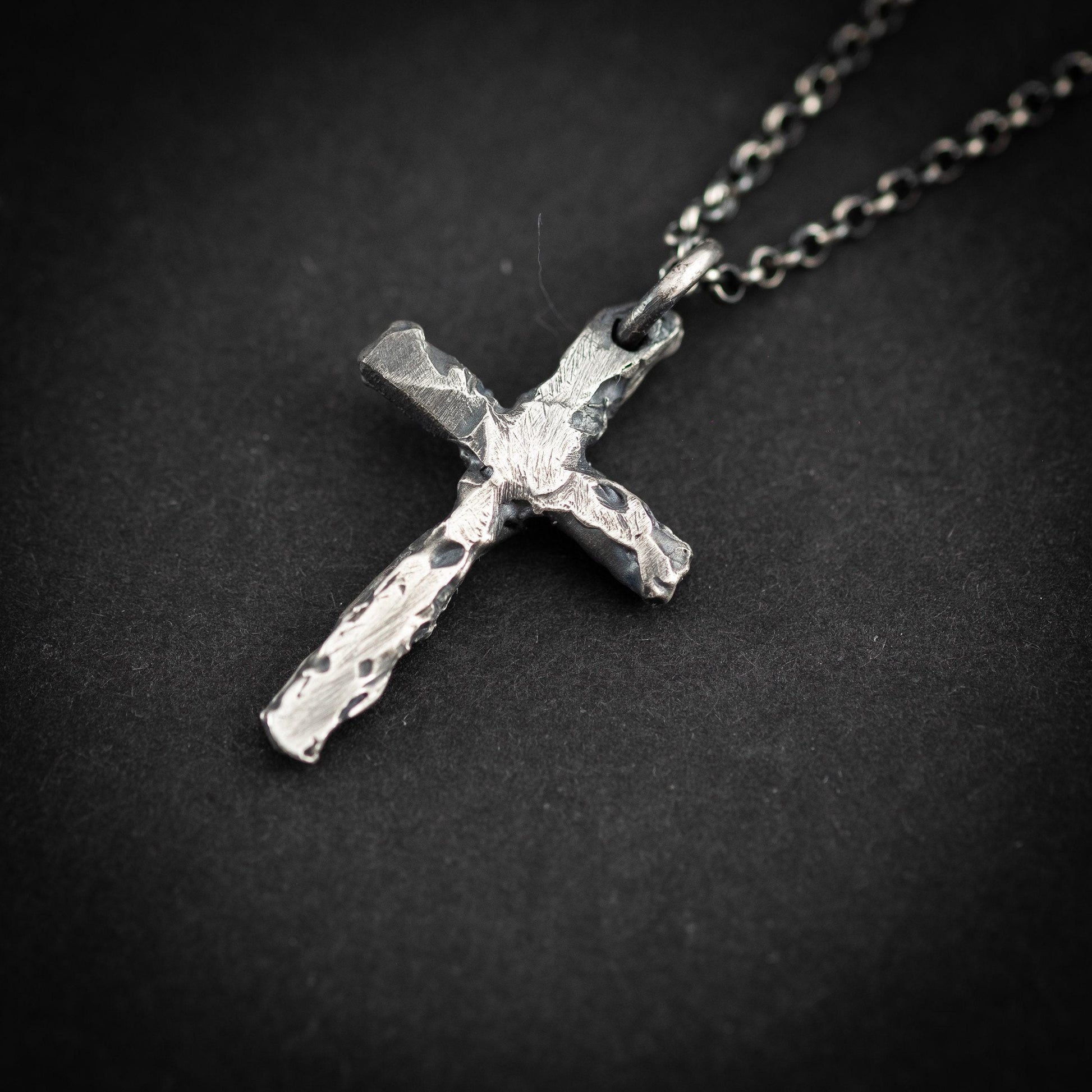 Sterling Silver Cross Necklace - Rustic Oxidized Finish for Men