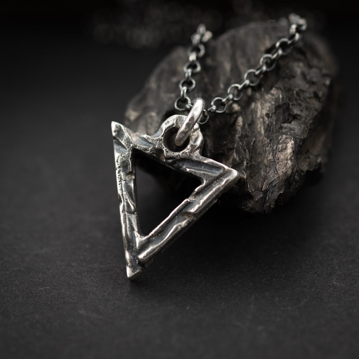 Silver Necklace Triangle Pendant, Brutalist Oxidized Rustic Look (Unisex, Handmade Sterling 925, Adjustable Chains)