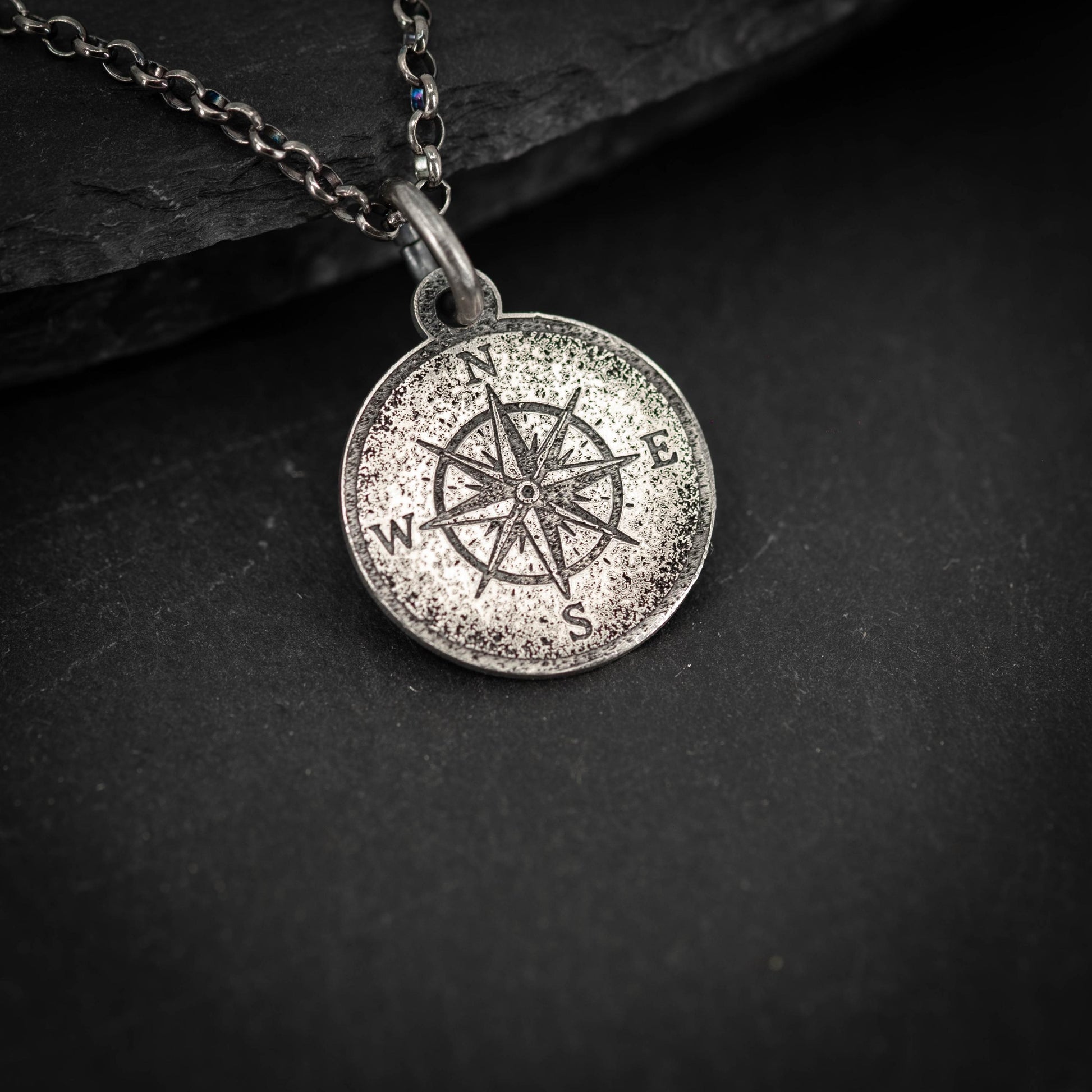 Compass Silver necklace for Men, Rustic Travel Pendant, Nautical Adventure Gift