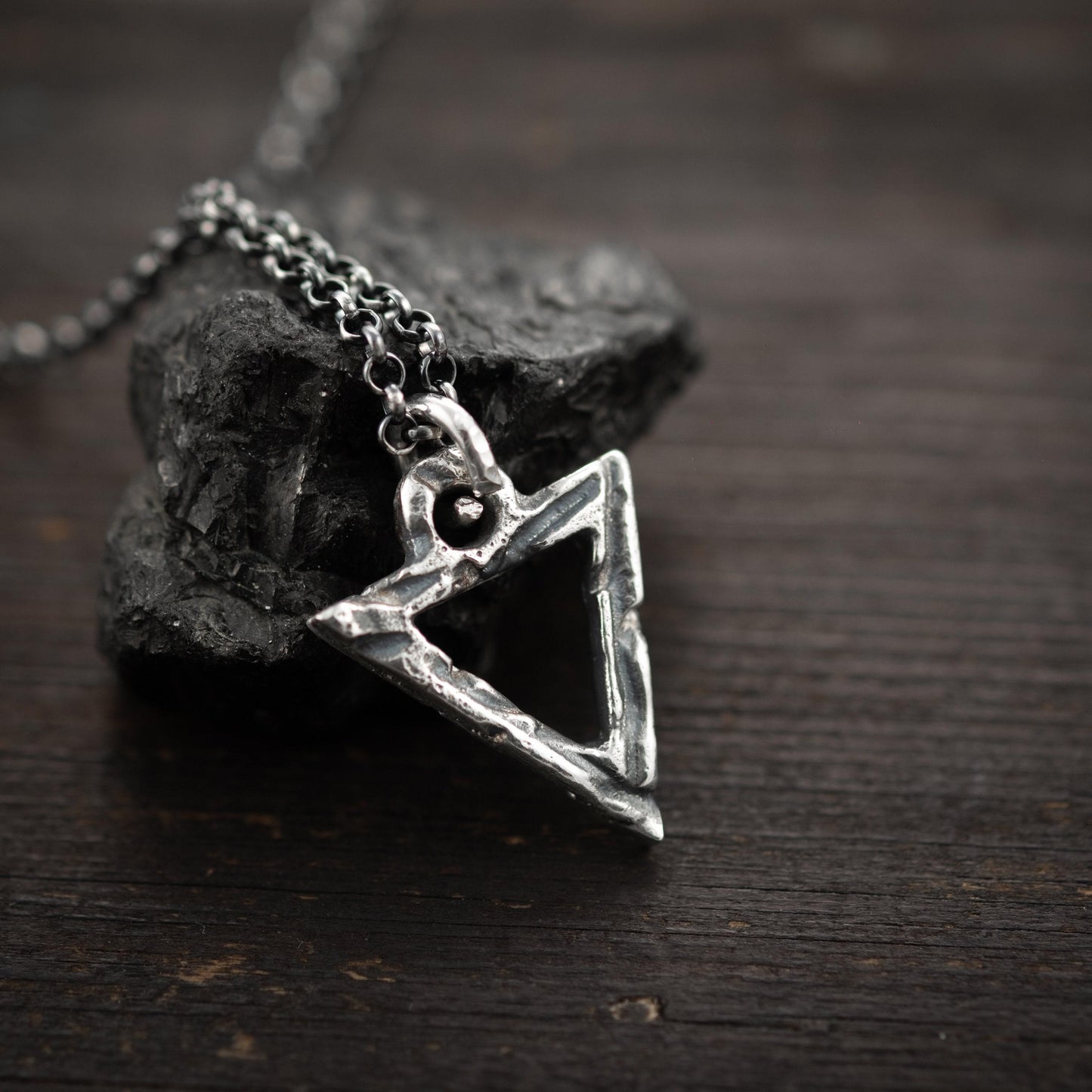 Silver Necklace Triangle Pendant, Brutalist Oxidized Rustic Look (Unisex, Handmade Sterling 925, Adjustable Chains)