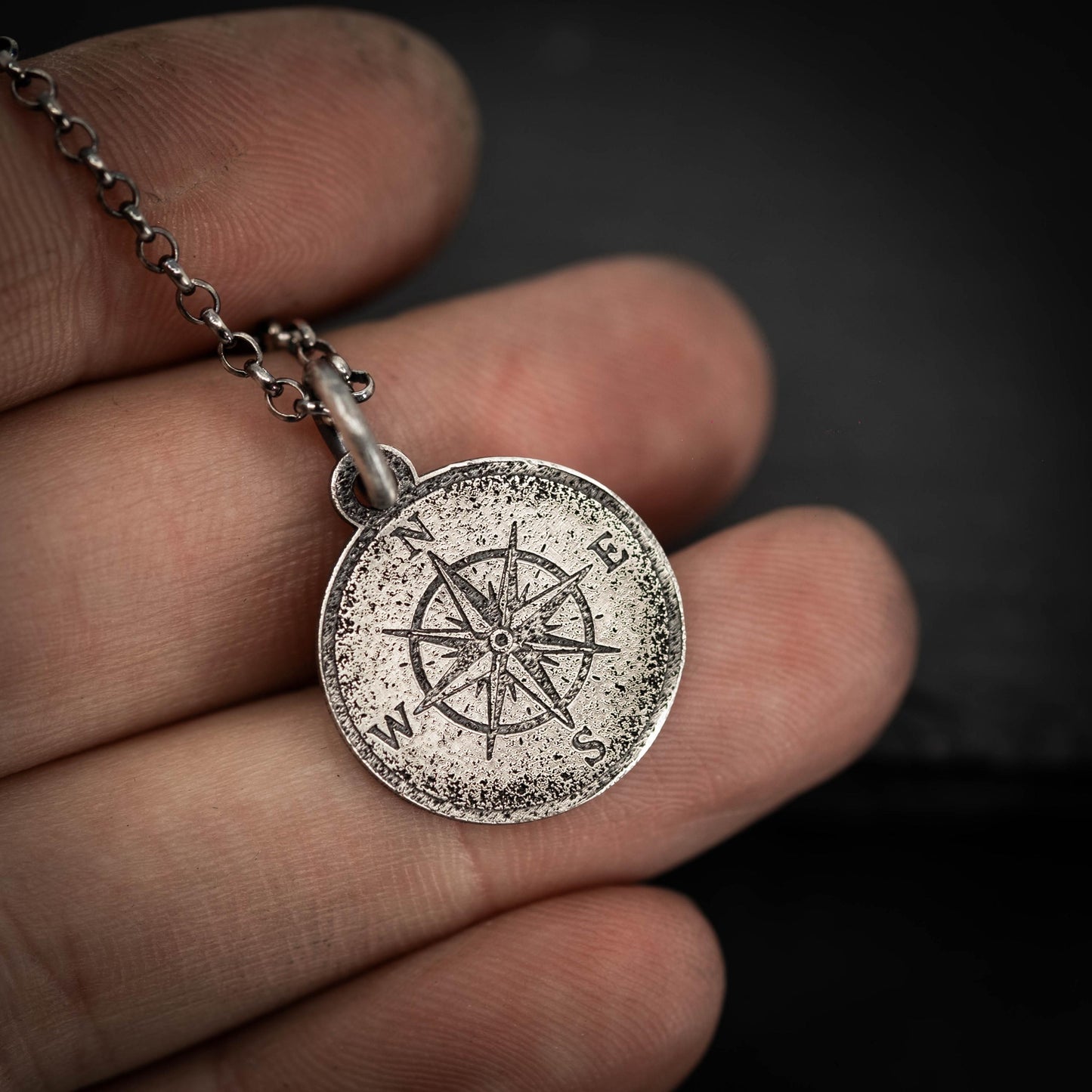 Compass Silver necklace for Men, Rustic Travel Pendant, Nautical Adventure Gift