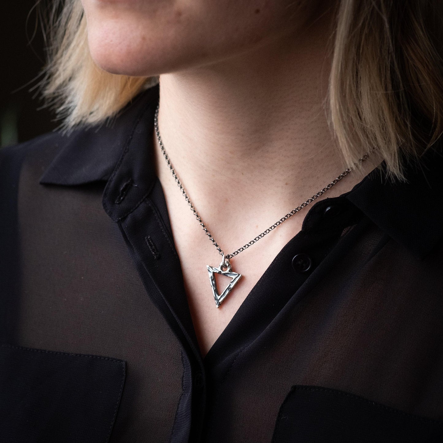 Silver Necklace Triangle Pendant, Brutalist Oxidized Rustic Look (Unisex, Handmade Sterling 925, Adjustable Chains)