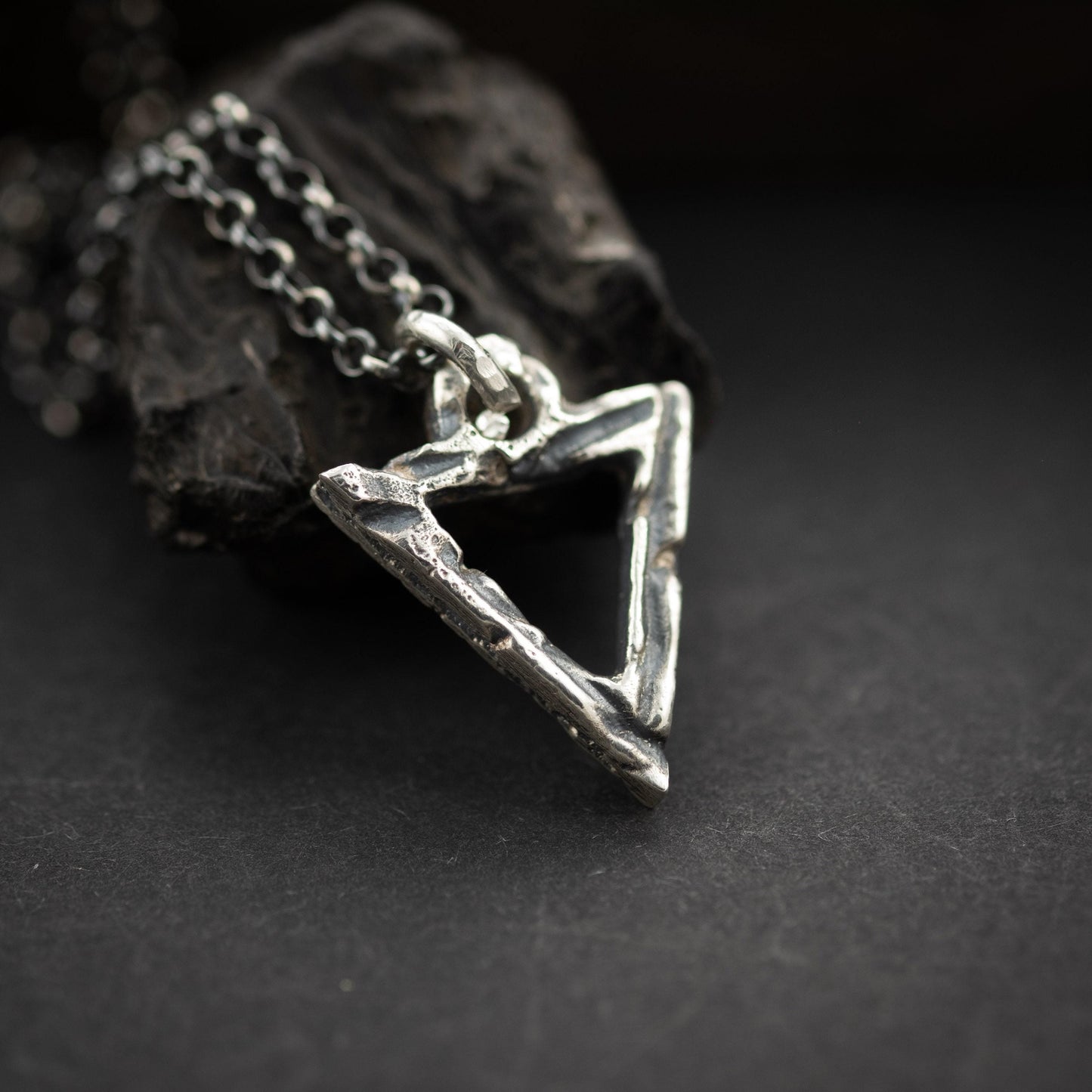 Silver Necklace Triangle Pendant, Brutalist Oxidized Rustic Look (Unisex, Handmade Sterling 925, Adjustable Chains)