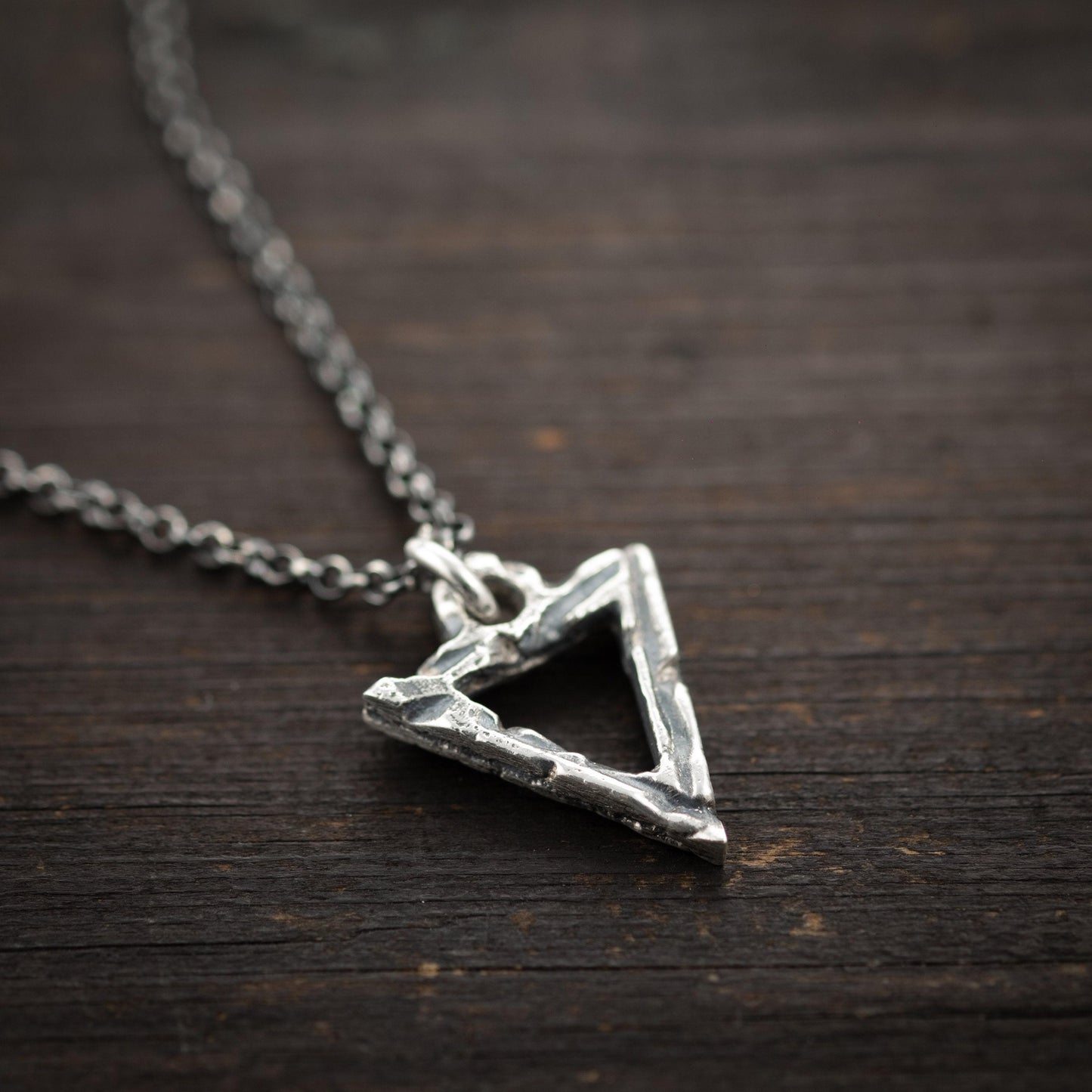 Silver Necklace Triangle Pendant, Brutalist Oxidized Rustic Look (Unisex, Handmade Sterling 925, Adjustable Chains)