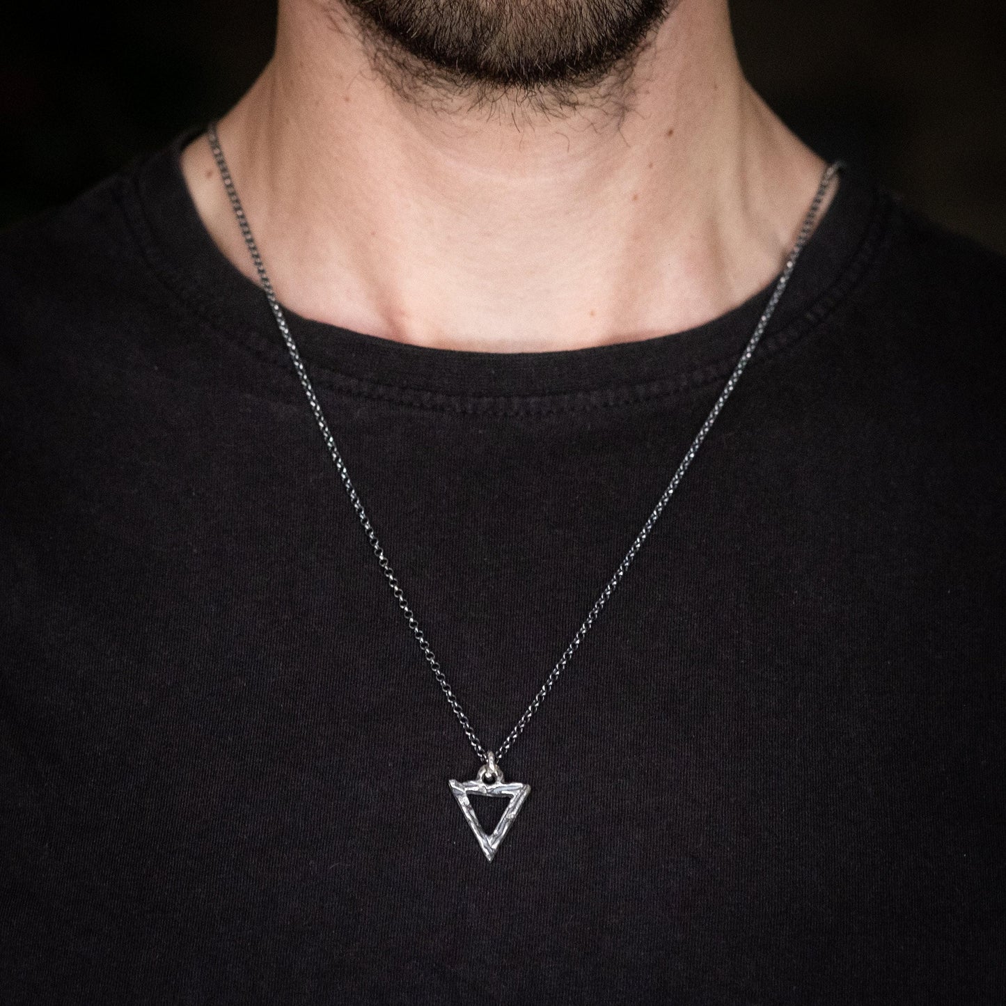 Silver Necklace Triangle Pendant, Brutalist Oxidized Rustic Look (Unisex, Handmade Sterling 925, Adjustable Chains)