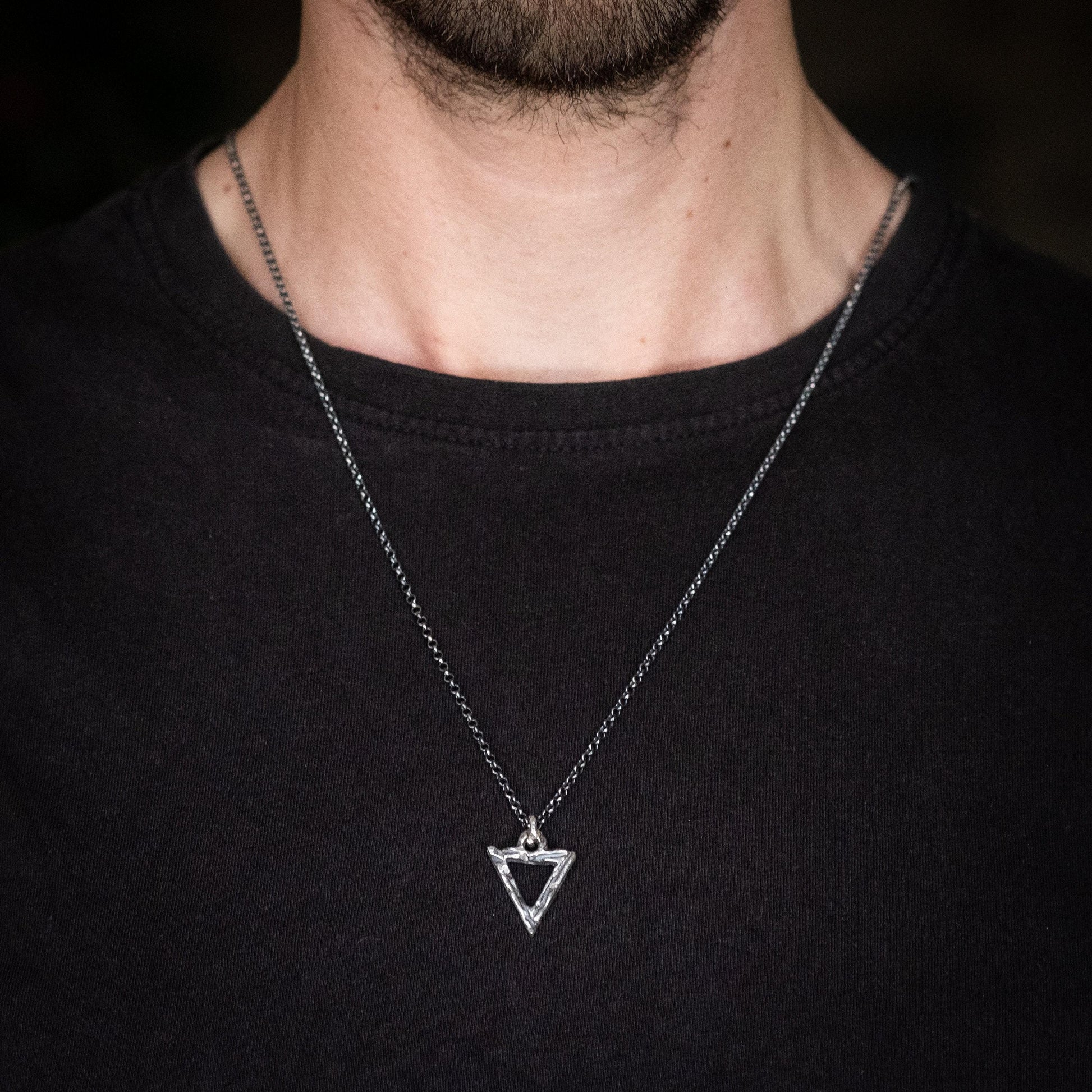 Silver Necklace Triangle Pendant, Brutalist Oxidized Rustic Look (Unisex, Handmade Sterling 925, Adjustable Chains)