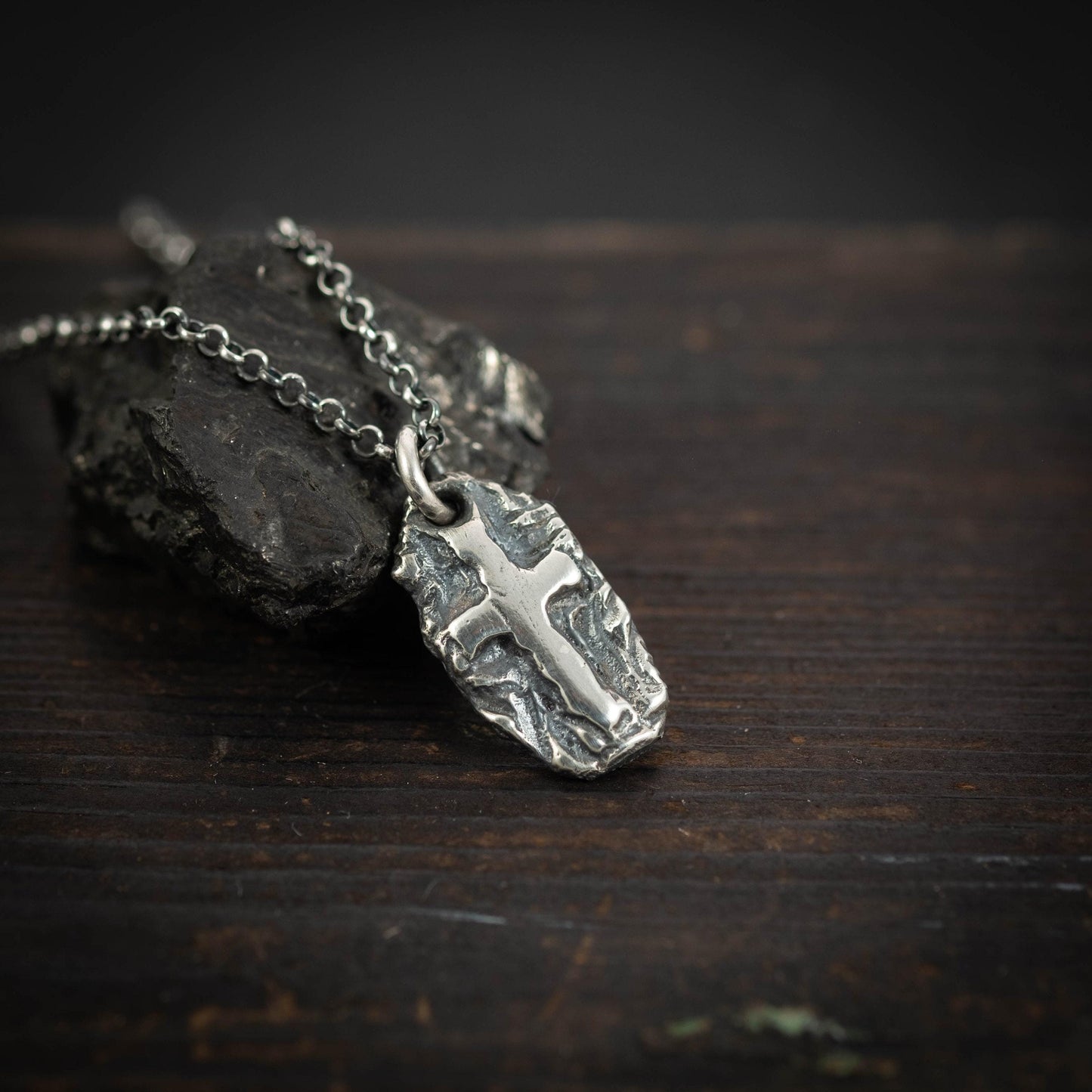 Cross Necklace Handmade Pendant, Rustic Oxidized Silver (Sterling 925, Unisex, Anxiety Relief Amulet)