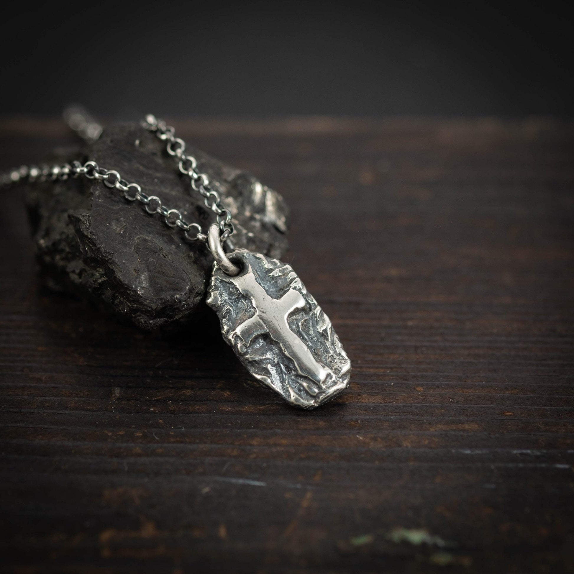 Cross Necklace Handmade Pendant, Rustic Oxidized Silver (Sterling 925, Unisex, Anxiety Relief Amulet)