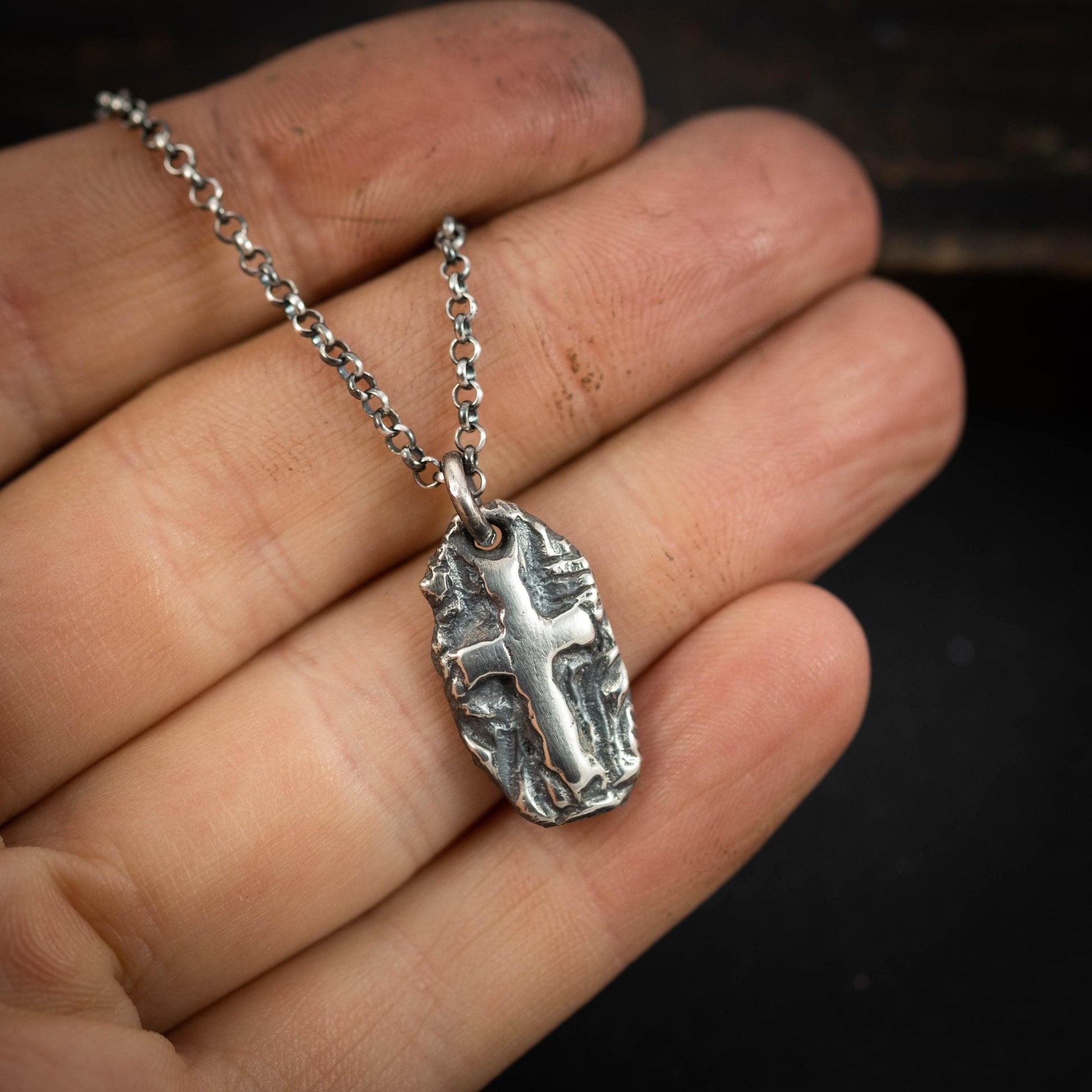 Cross Necklace Handmade Pendant, Rustic Oxidized Silver (Sterling 925, Unisex, Anxiety Relief Amulet)