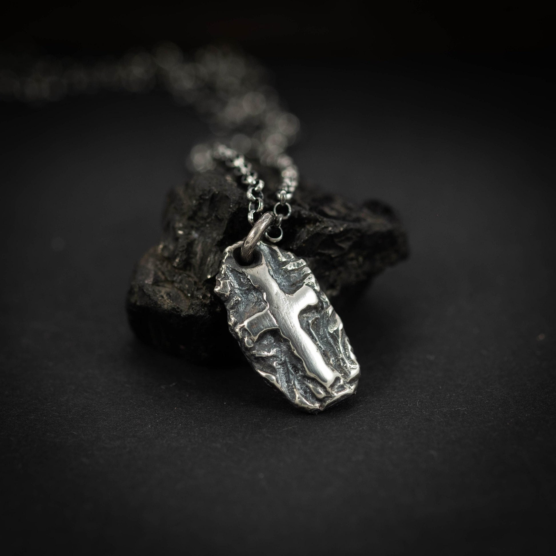 Cross Necklace Handmade Pendant, Rustic Oxidized Silver (Sterling 925, Unisex, Anxiety Relief Amulet)