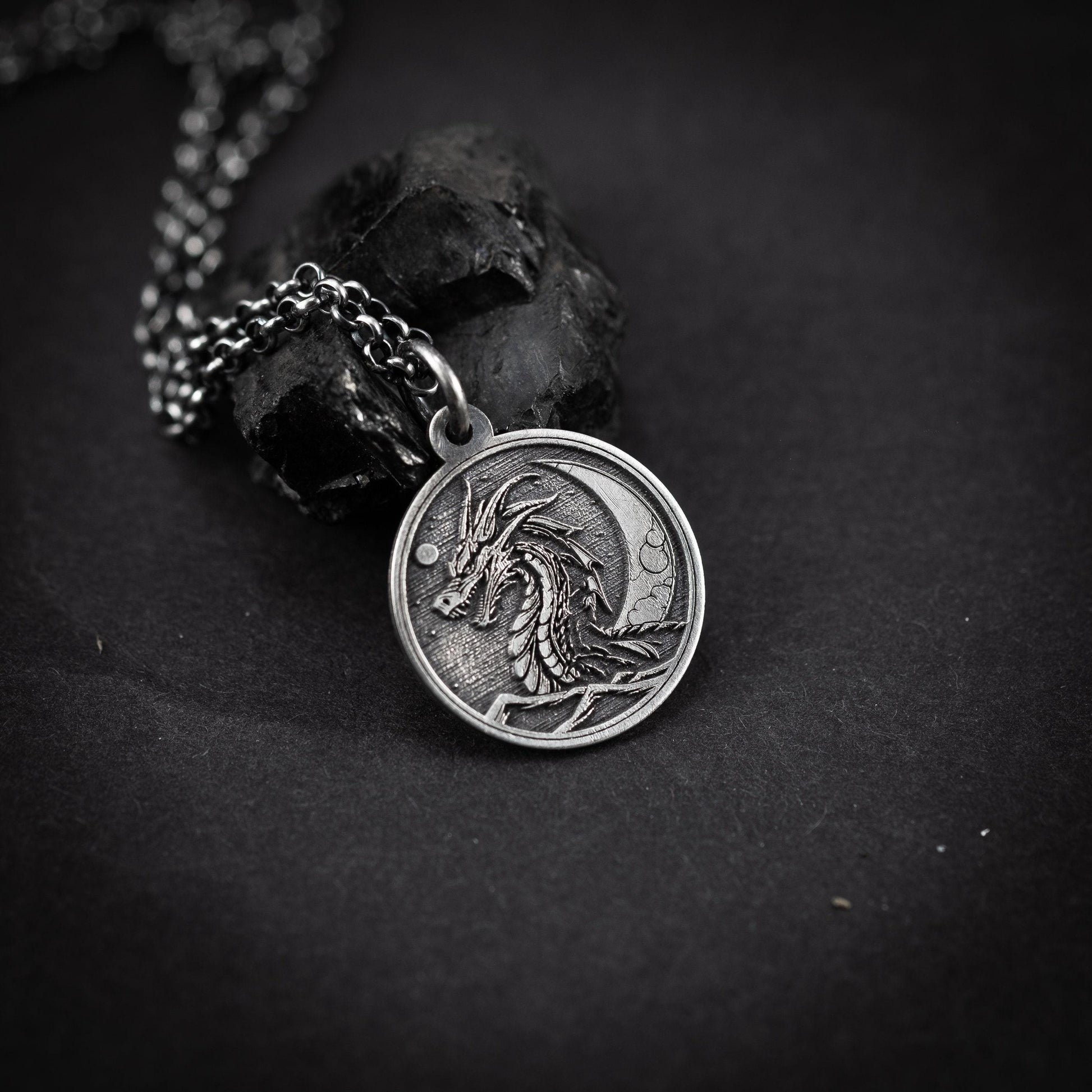 Rustic Silver Dragon Pendant Necklace: Oxidized Handmade Jewelry
