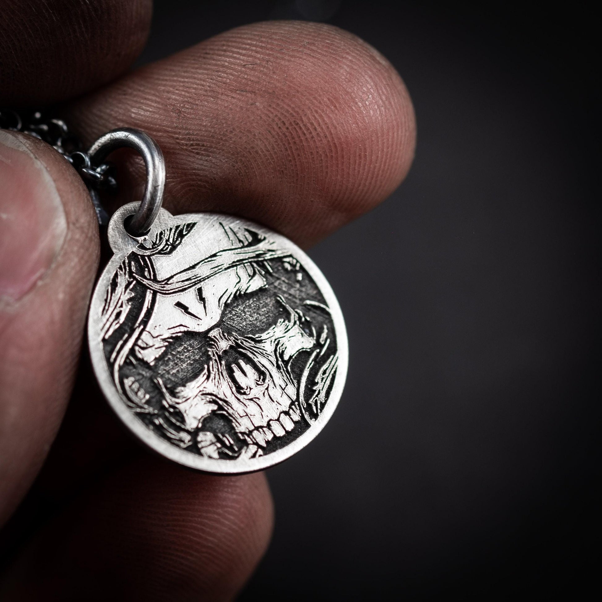 Engraved Skull Necklace: Memento Mori Silver Pendant (Custom Personalization Available)