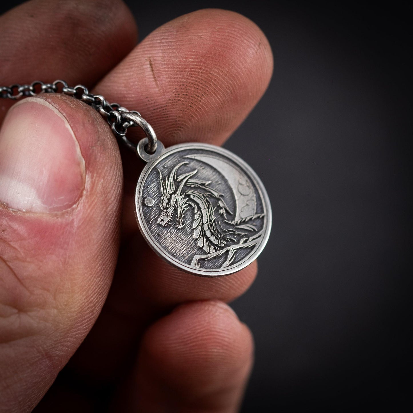 Rustic Silver Dragon Pendant Necklace: Oxidized Handmade Jewelry