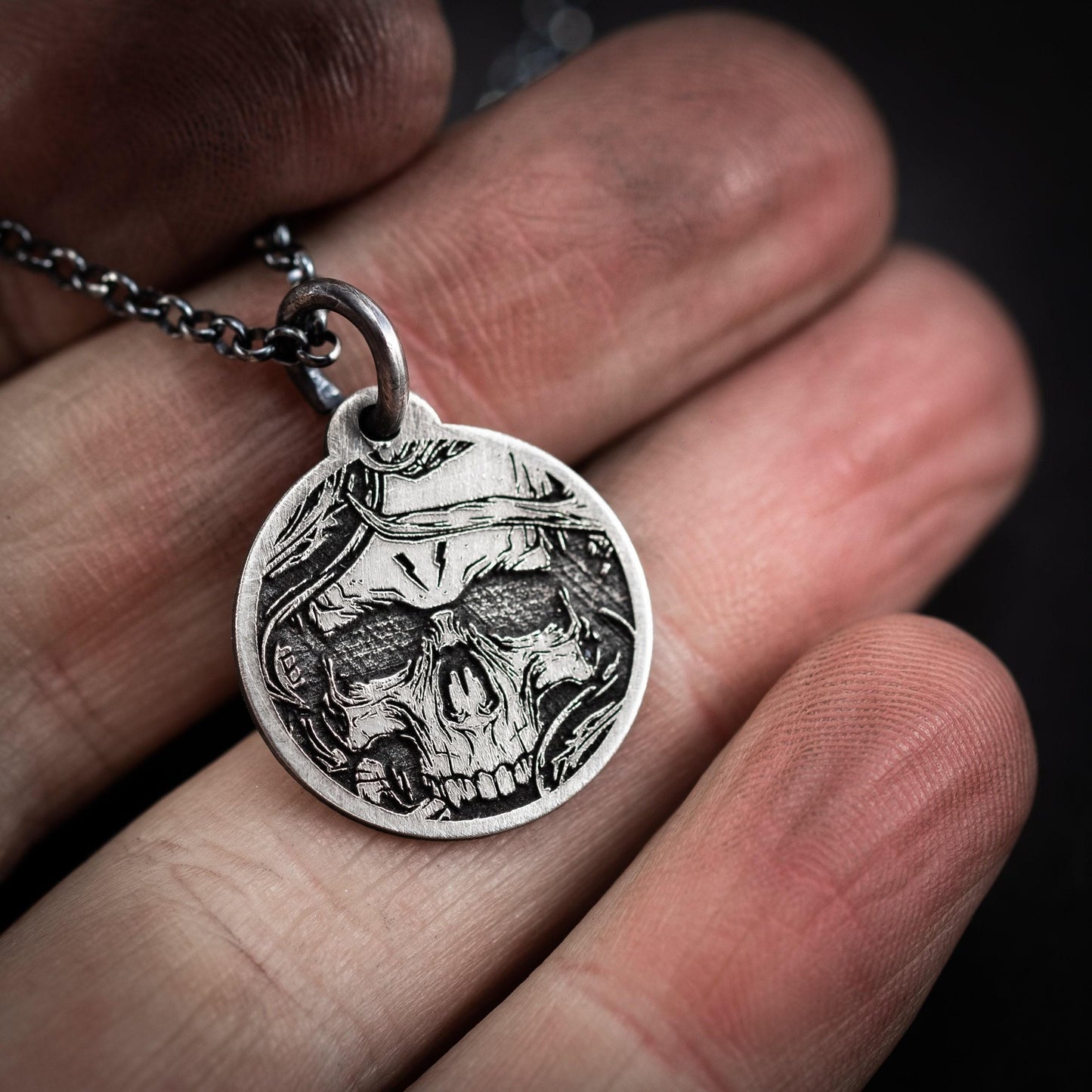 Engraved Skull Necklace: Memento Mori Silver Pendant (Custom Personalization Available)