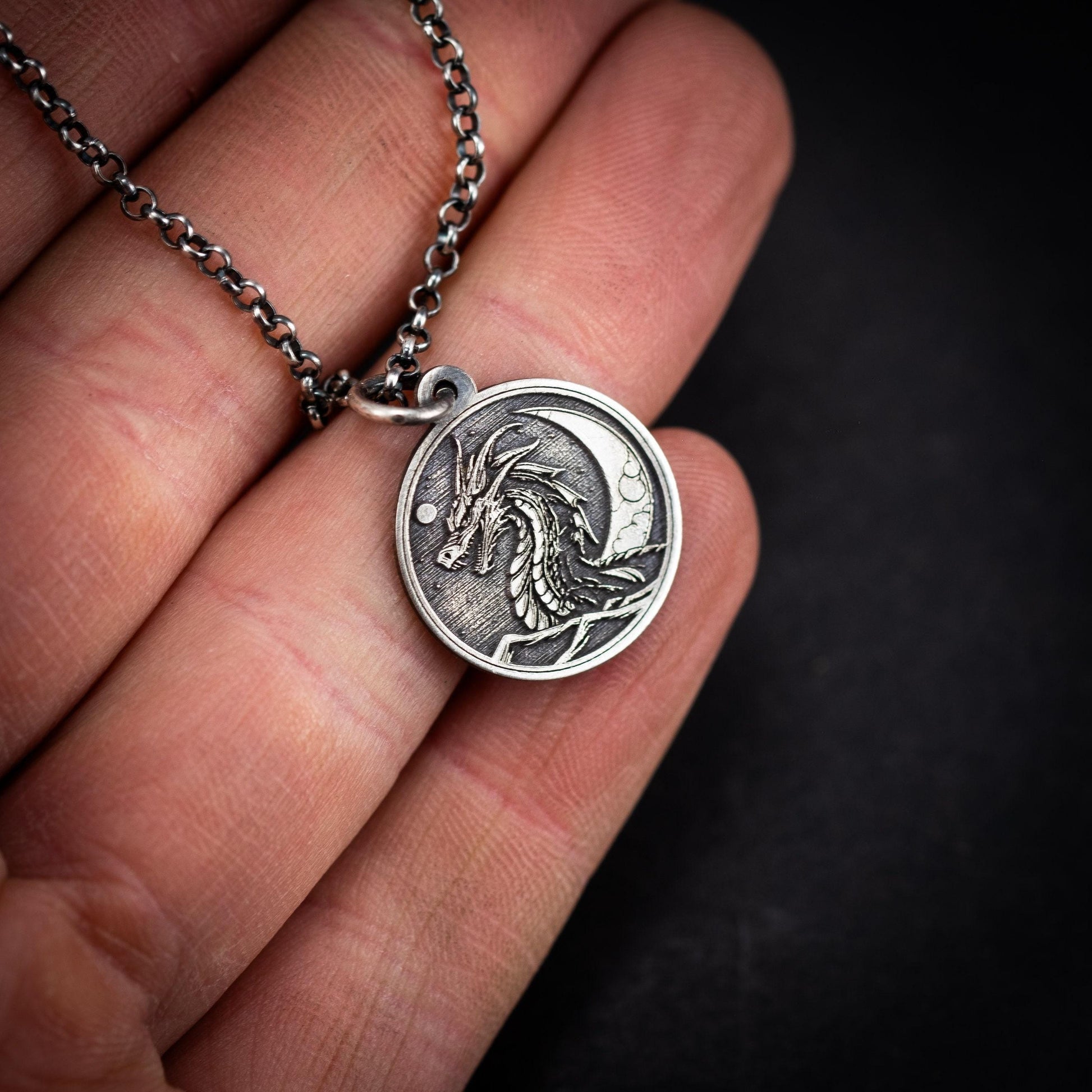 Rustic Silver Dragon Pendant Necklace: Oxidized Handmade Jewelry