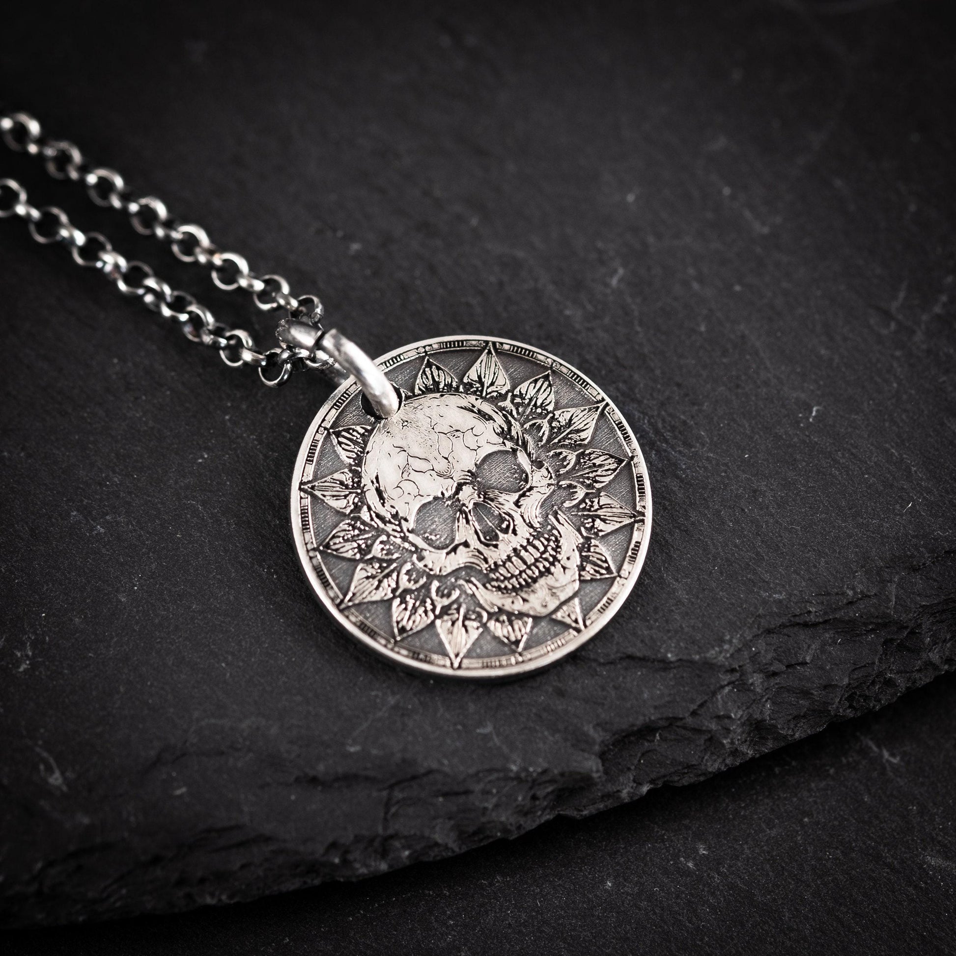 Memento Mori Silver Necklace, Skull Pendant (Engraved, Handmade)