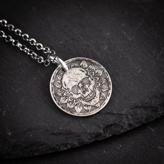 Memento Mori Silver Necklace, Skull Pendant (Engraved, Handmade)