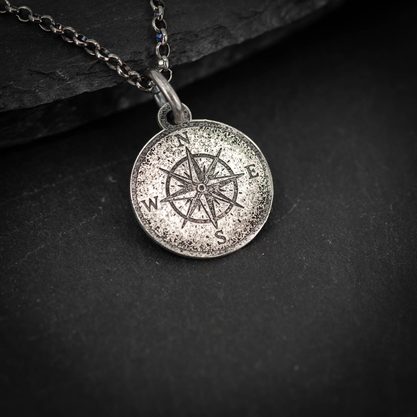 Compass Necklace: Sterling Silver, Rustic Style - Travel Pendant
