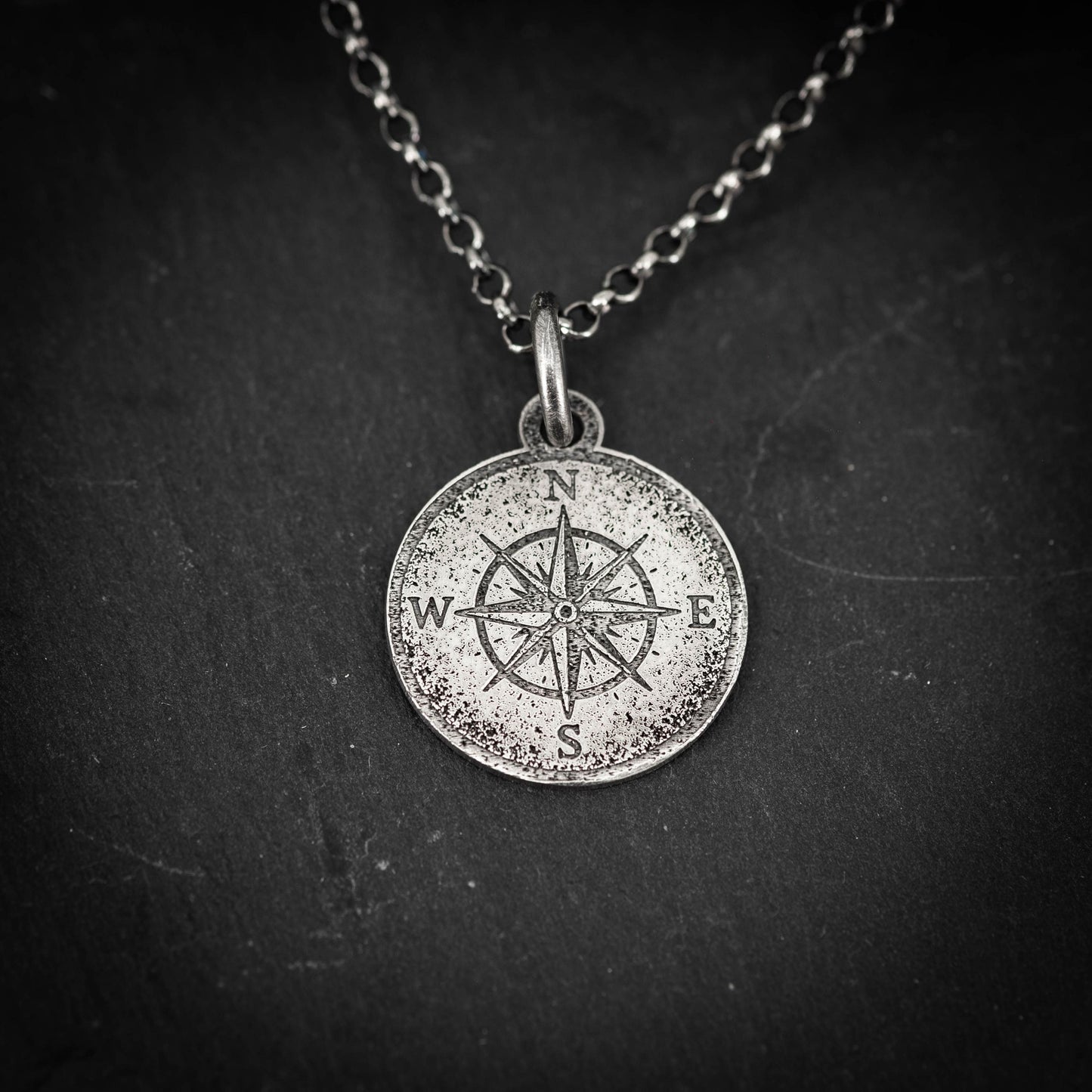 Compass Necklace: Sterling Silver, Rustic Style - Travel Pendant