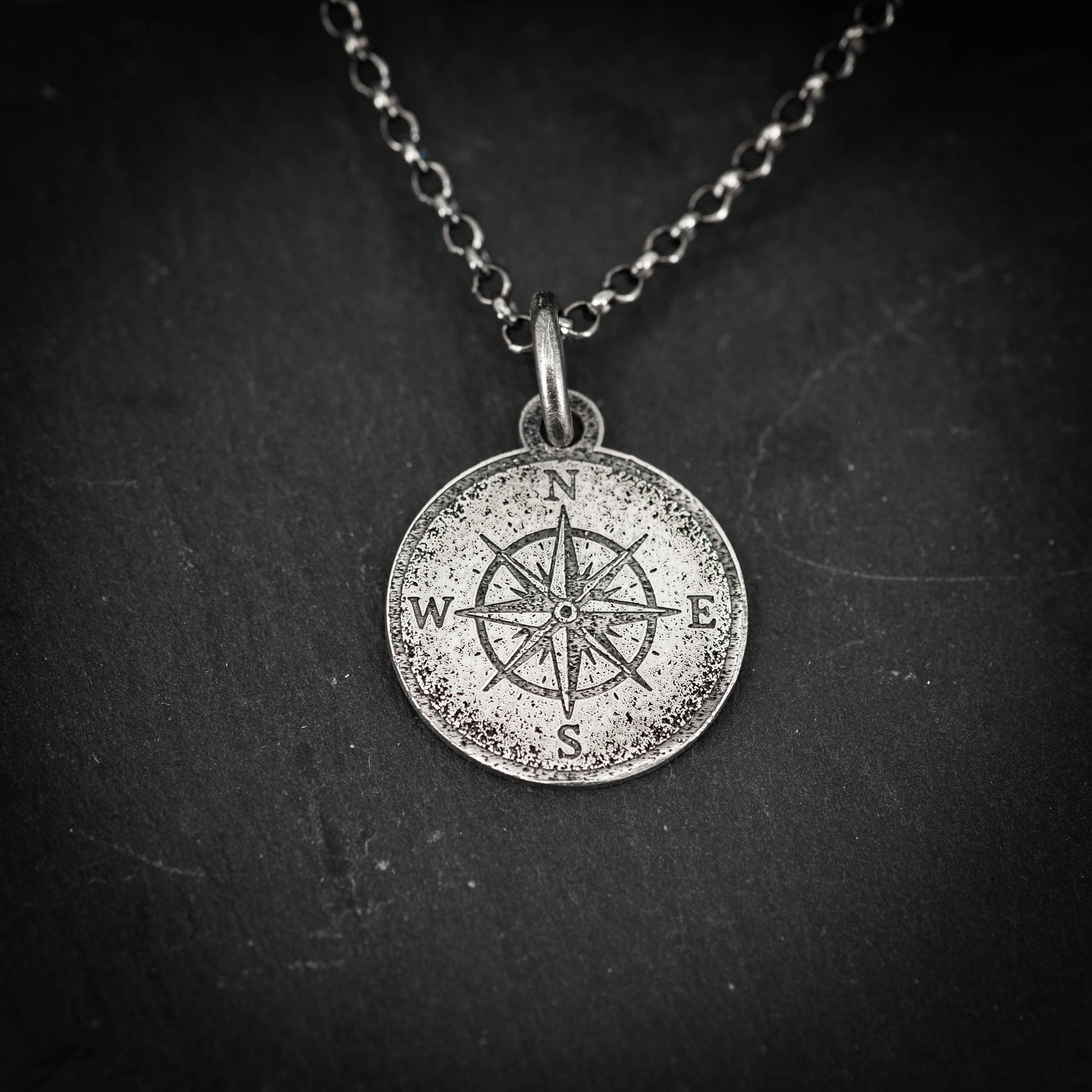 Compass Necklace: Sterling Silver, Rustic Style - Travel Pendant