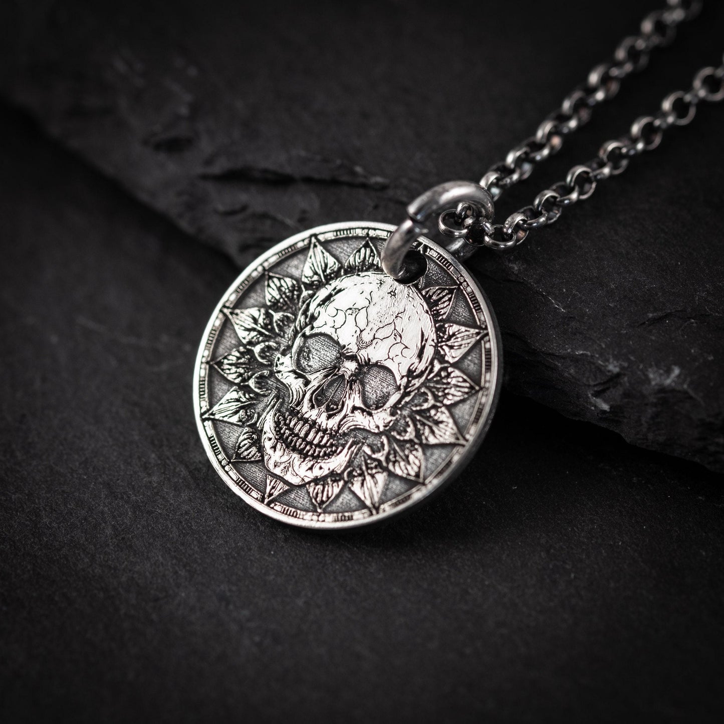 Memento Mori Silver Necklace, Skull Pendant (Engraved, Handmade)