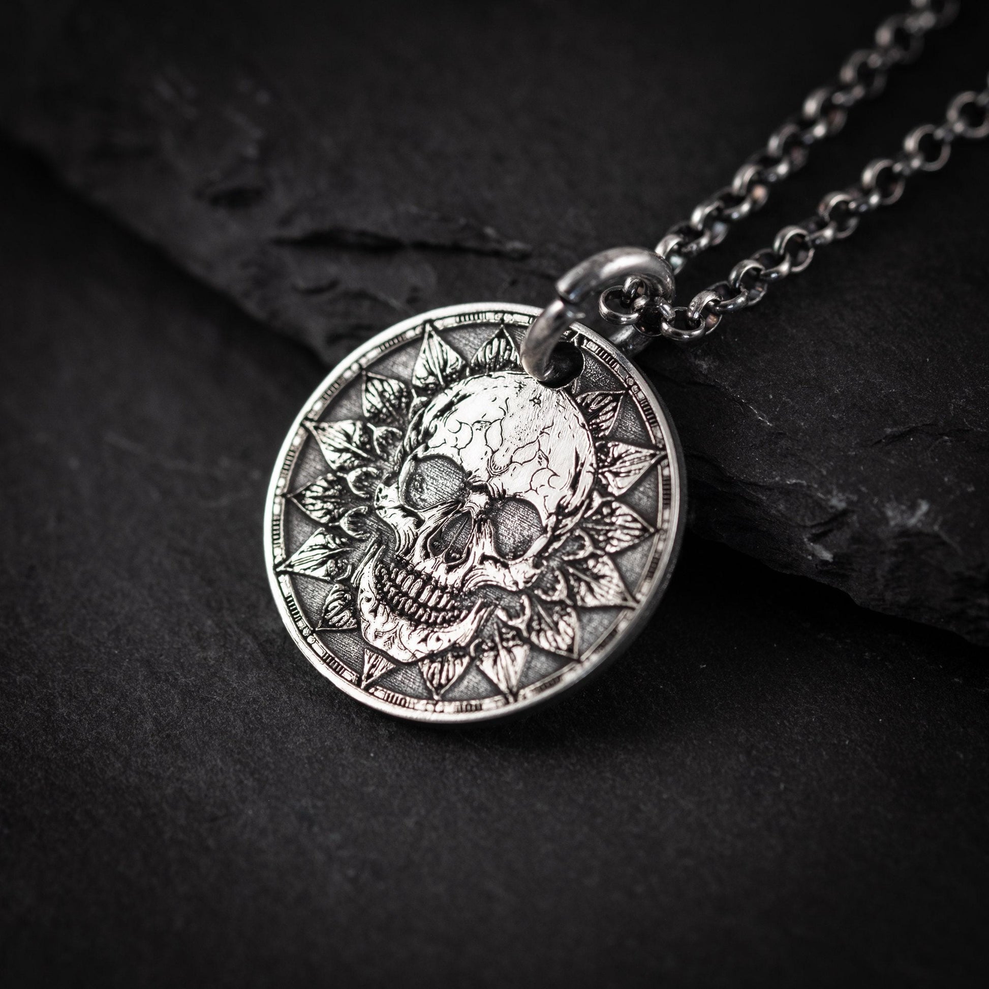 Memento Mori Silver Necklace, Skull Pendant (Engraved, Handmade)