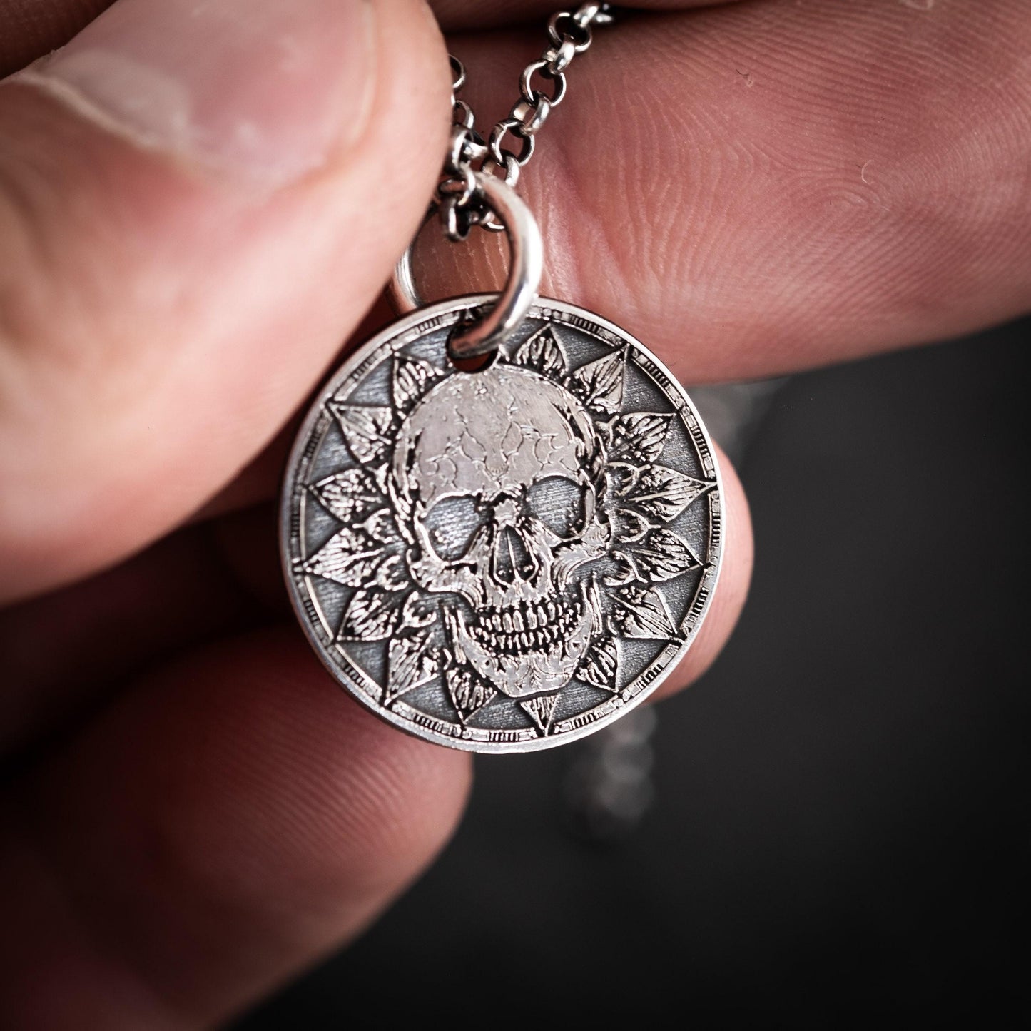 Memento Mori Silver Necklace, Skull Pendant (Engraved, Handmade)