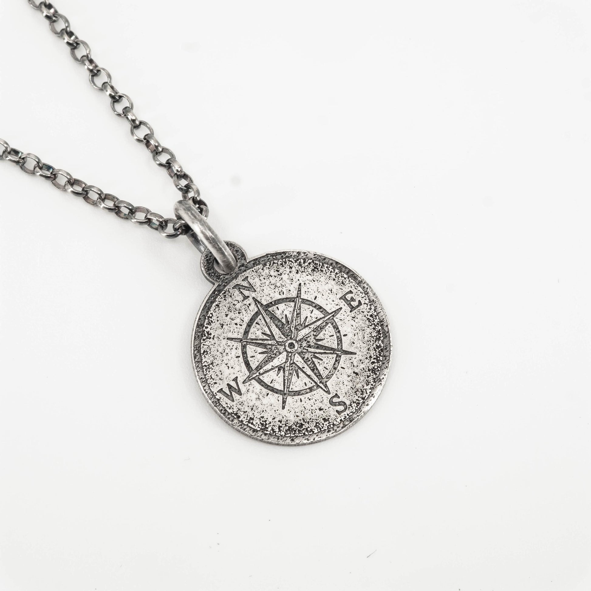 Compass Necklace: Sterling Silver, Rustic Style - Travel Pendant