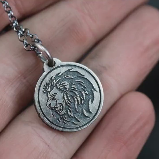 Lion Silver mens pendant necklace, Personalized Engraved Protection Strength amulet Leo zodiac necklace,  Astrology jewelry, mens  gift
