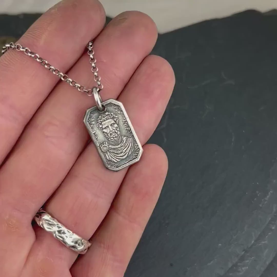 Marcus Aurelius Silver Pendant Necklace, Ancient Roman Emperor Jewelry, Stoic Philosophy Medallion, meditation Gift for Men, anxiety jewelry