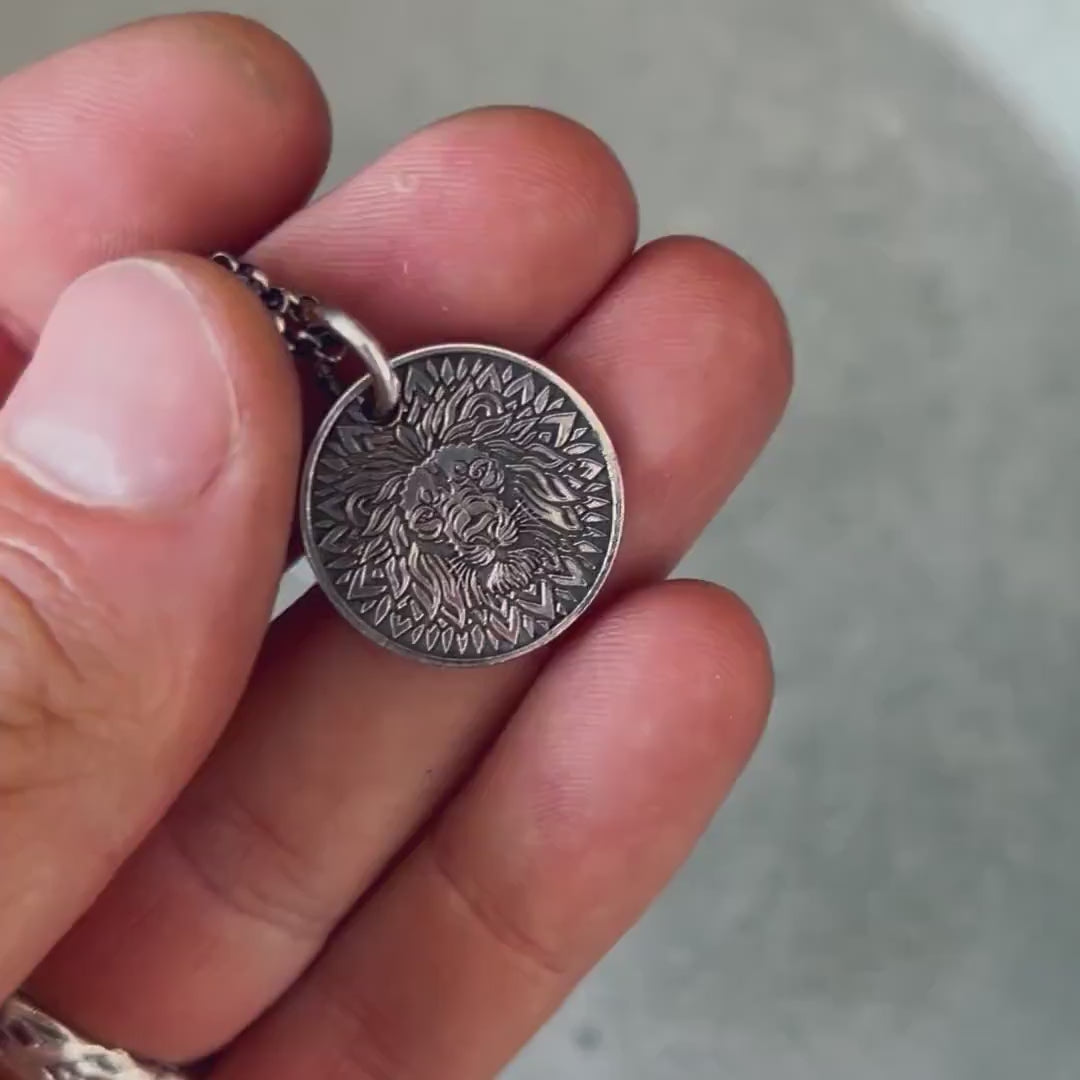 Lion Head Silver coin pendant necklace medallion, Mandala Protection Strength amulet Leo zodiac necklace, oxidized Astrology jewelry,